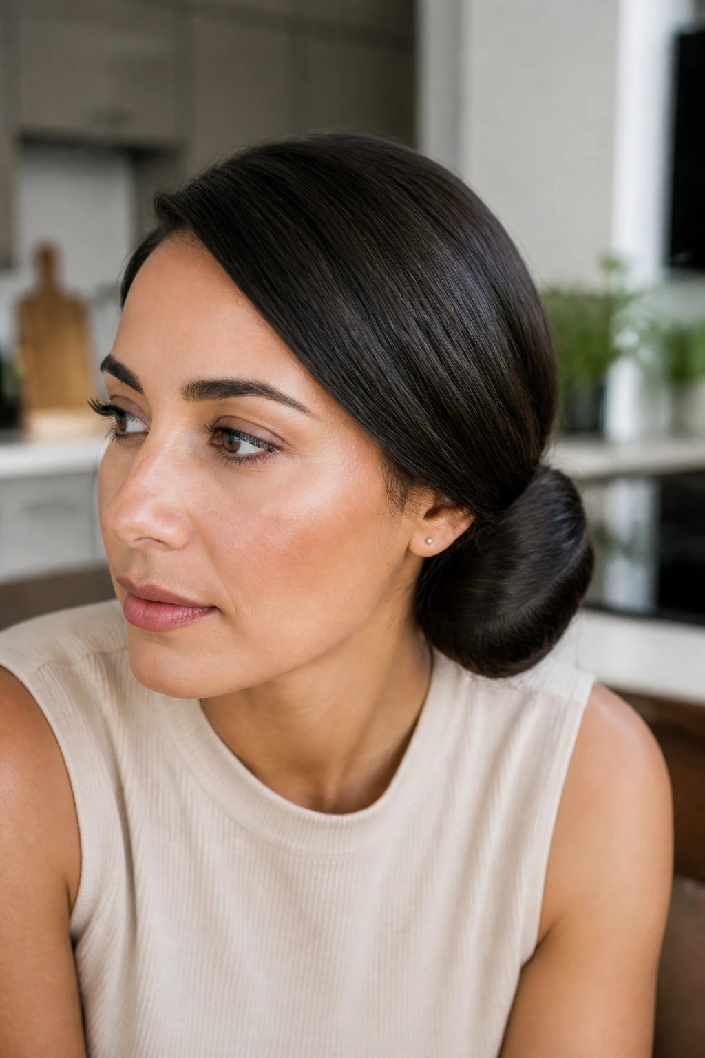 Portrait of a woman with a sleek side bun in ambient daylight