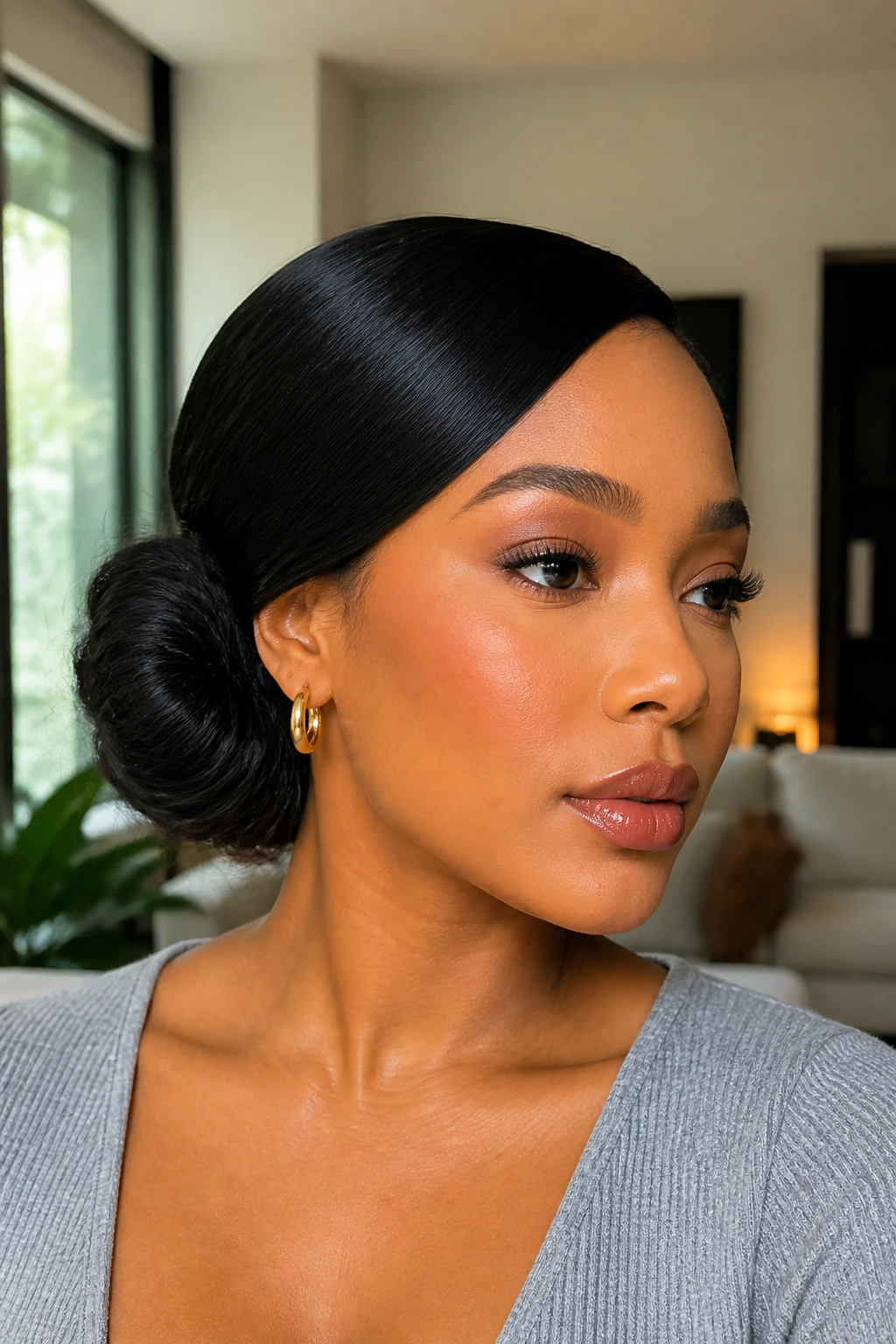 Close-up of a real woman with a sleek side bun in bright living room light