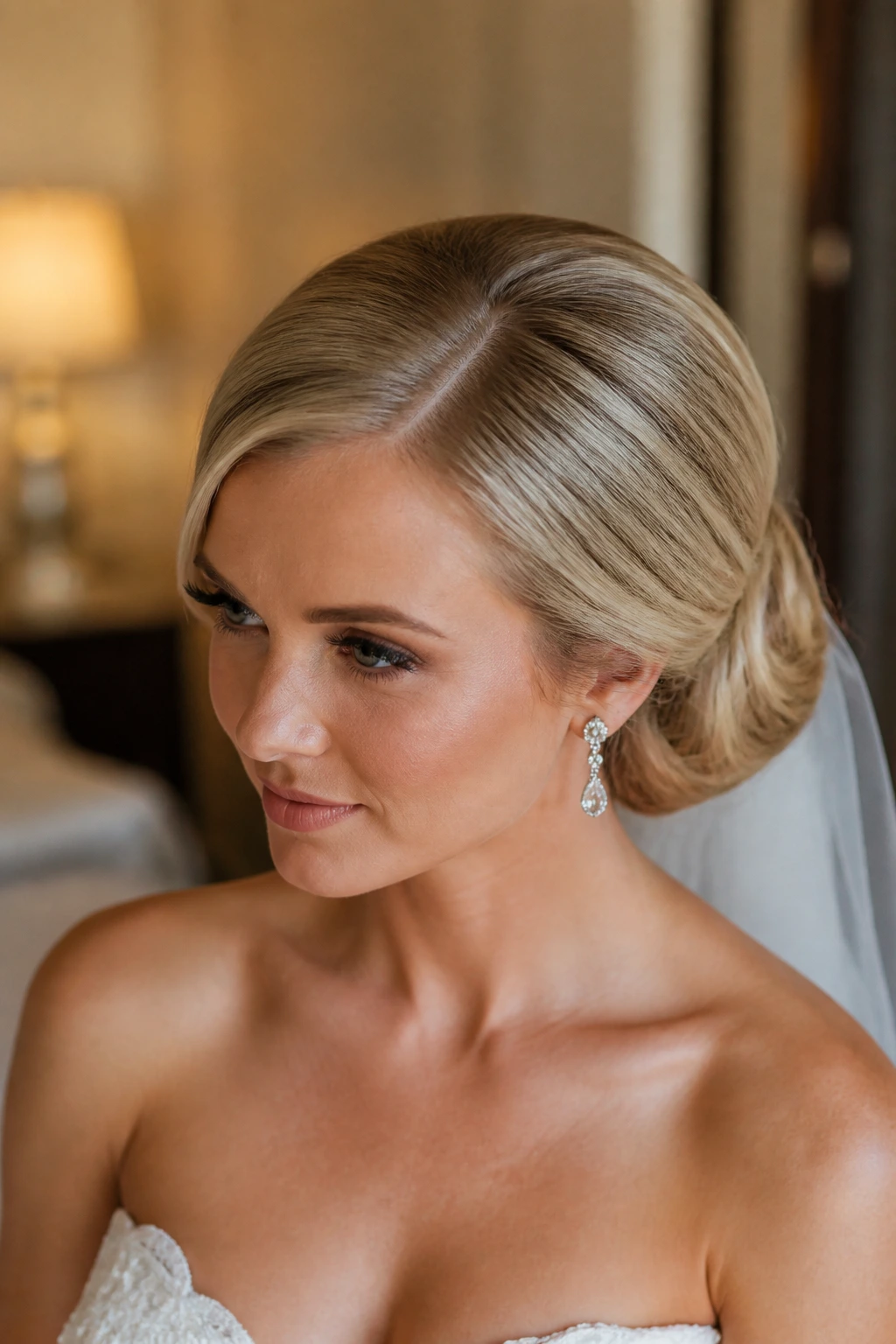 Real bride with deep-part sleek side bun on blonde hair.