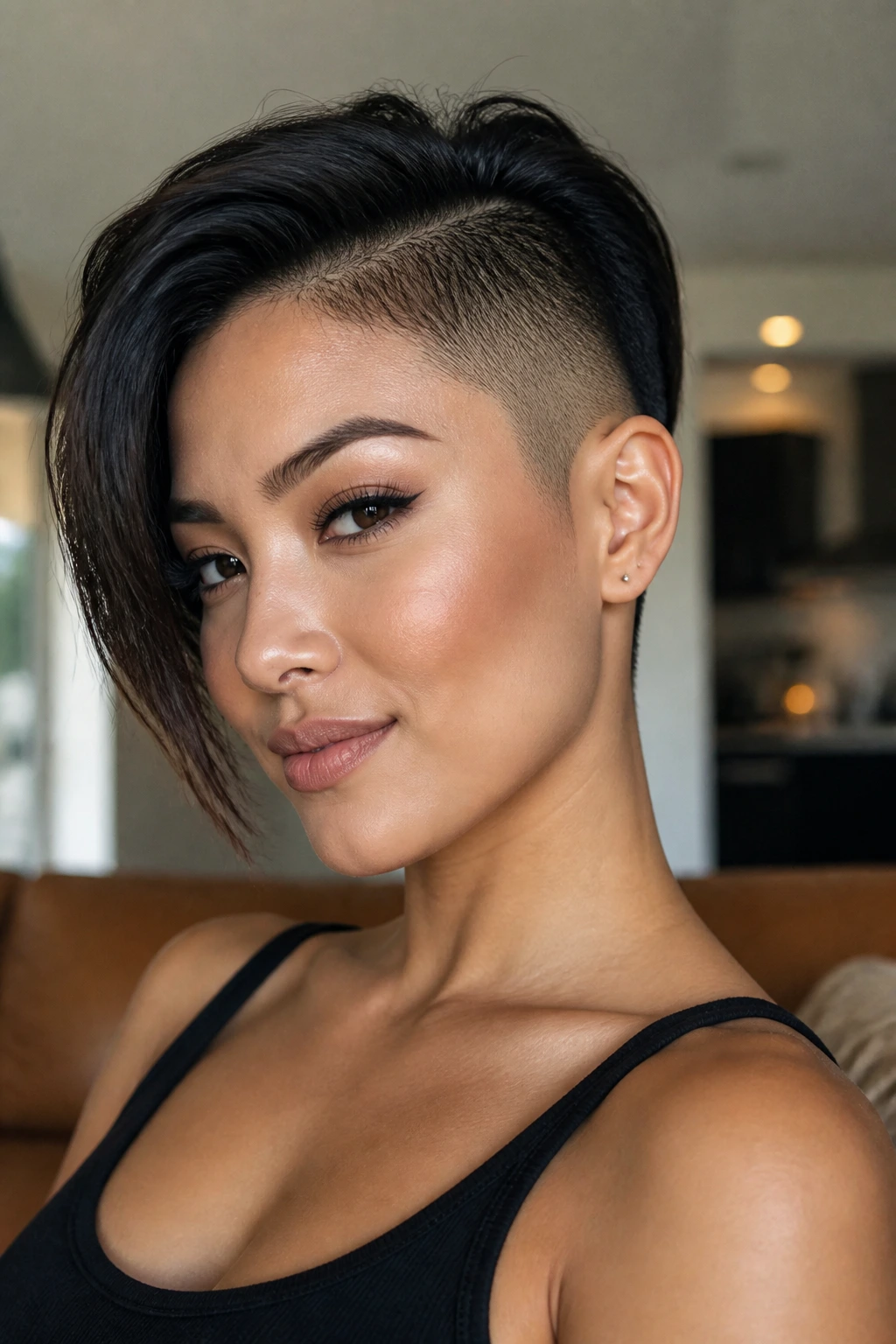 Portrait of a woman with a sleek polished side fade hairstyle