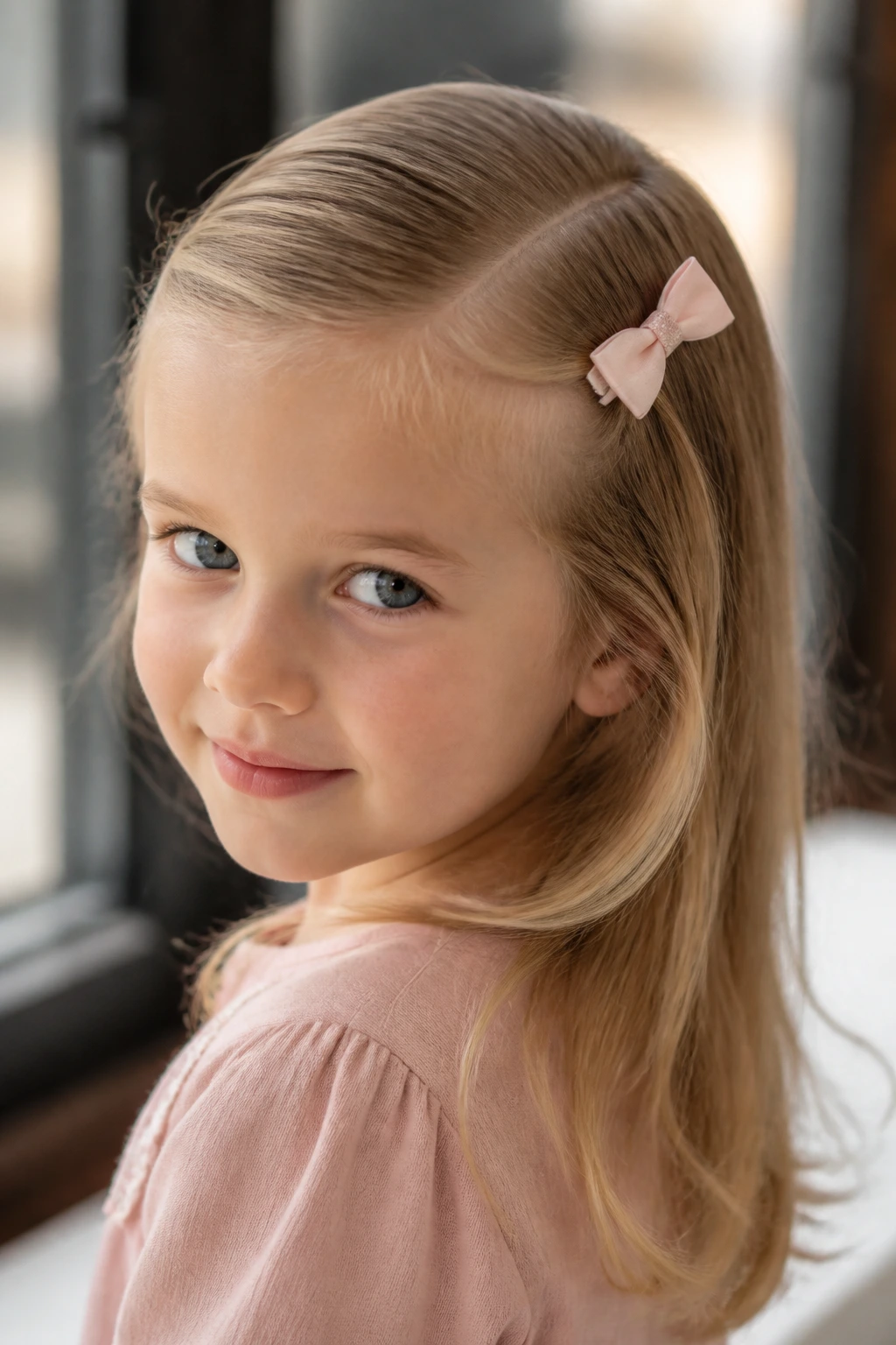Close-up of a girl with a sleek side part and small bow clip