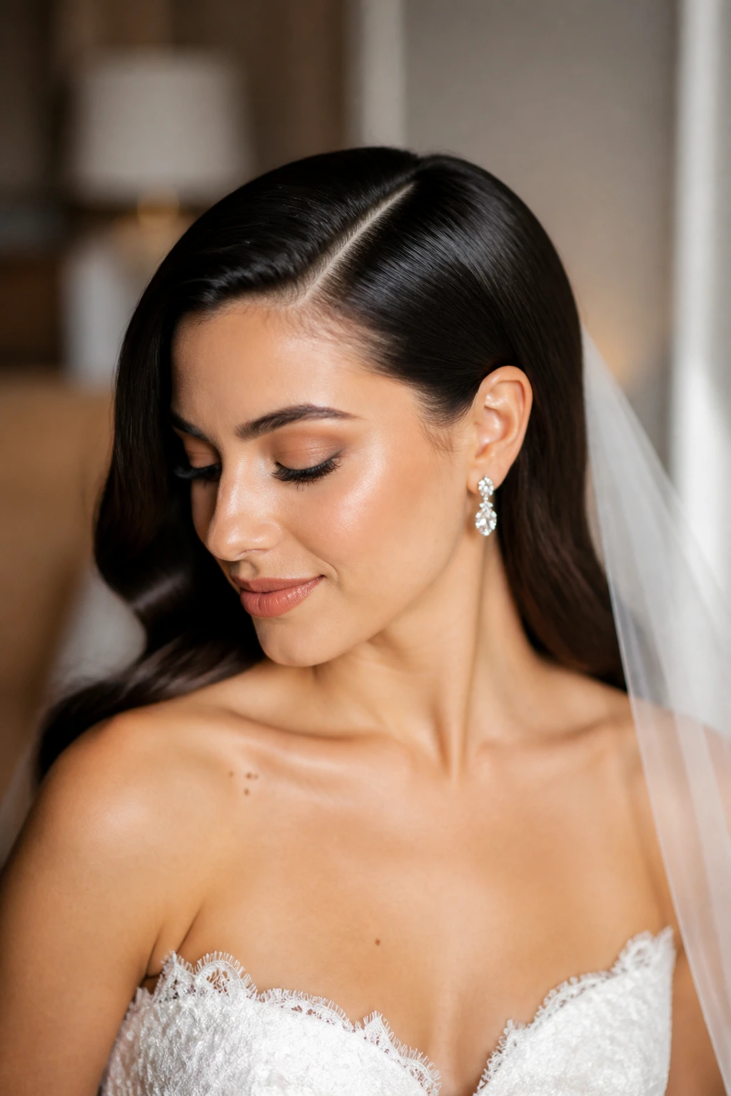 Close-up of a real bride with Sleek Side Part with Tucked Ear, glossy hair and ear tucked behind for an elegant earring