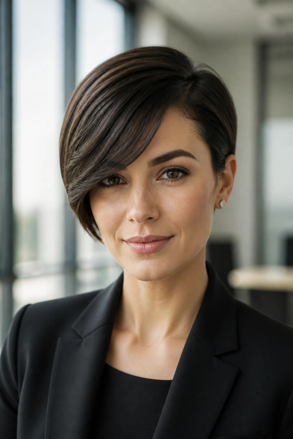 Close-up of a real woman with sleek side-part crop in bright office