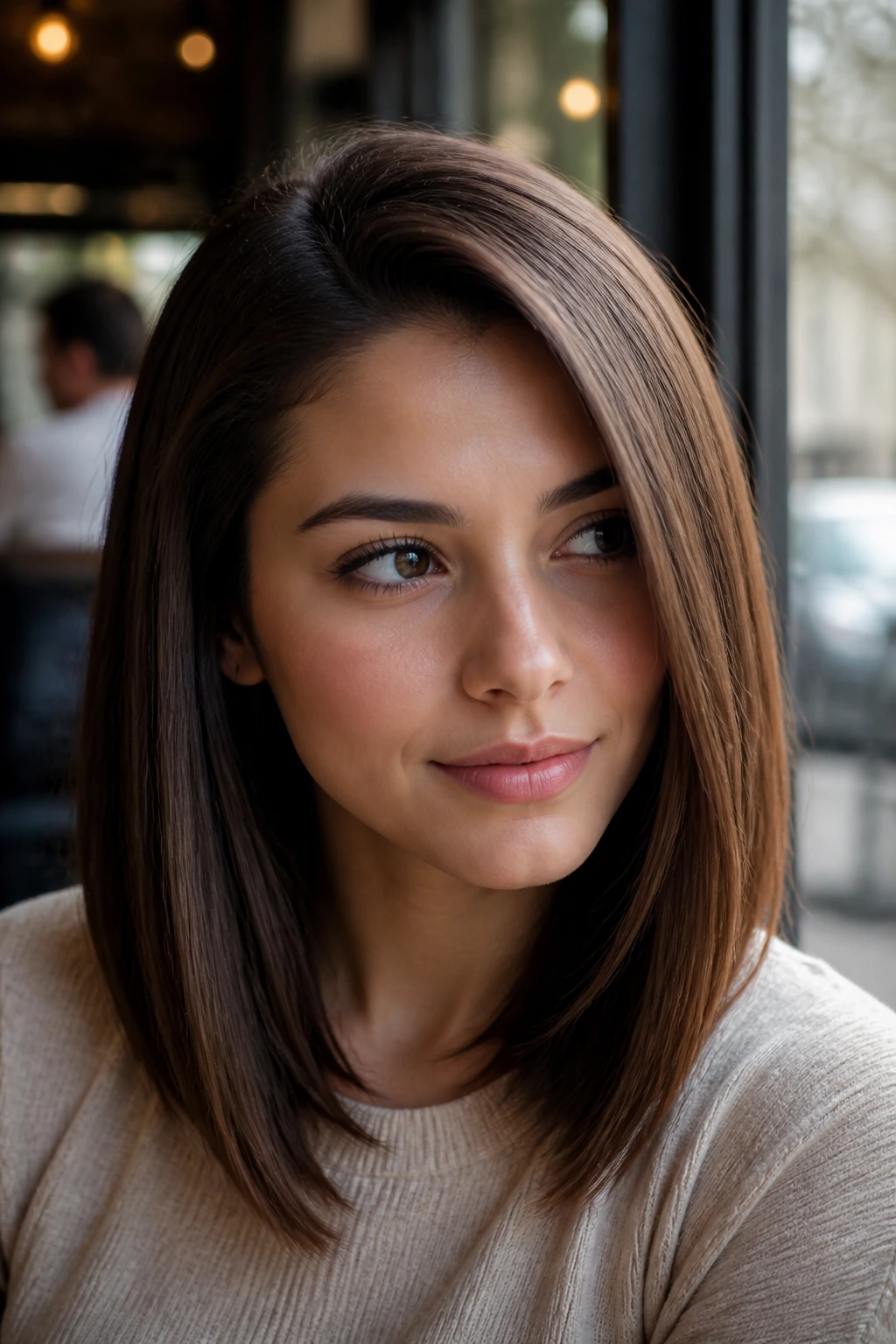 Portrait of a real person with a deep side part and sleek straight hair.