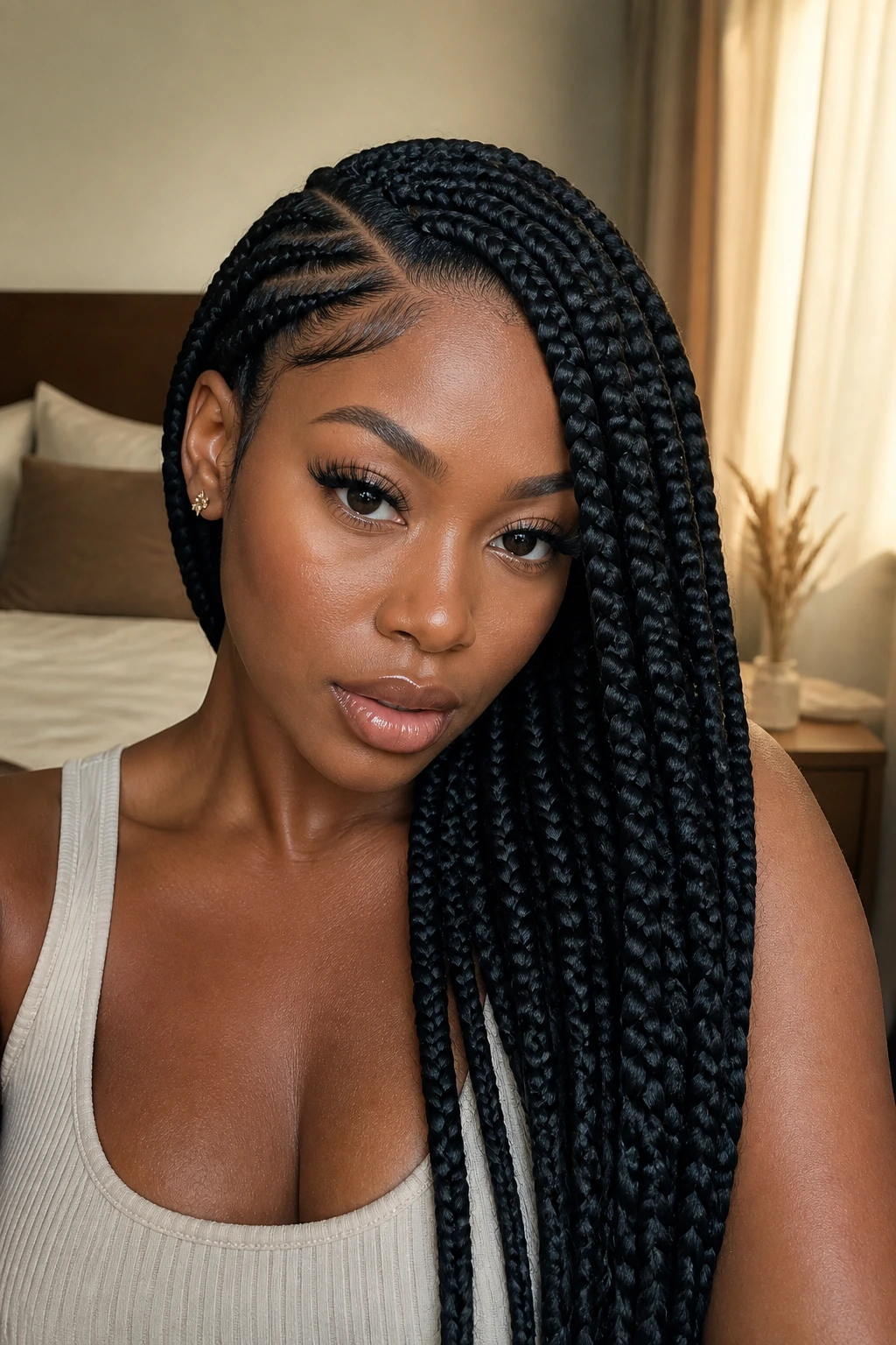 Close-up of a real woman with sleek side-part jumbo box braids in warm natural light