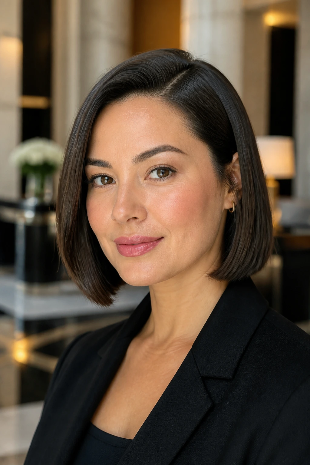 Portrait of a woman with a sleek side-parted blunt bob in a modern lobby