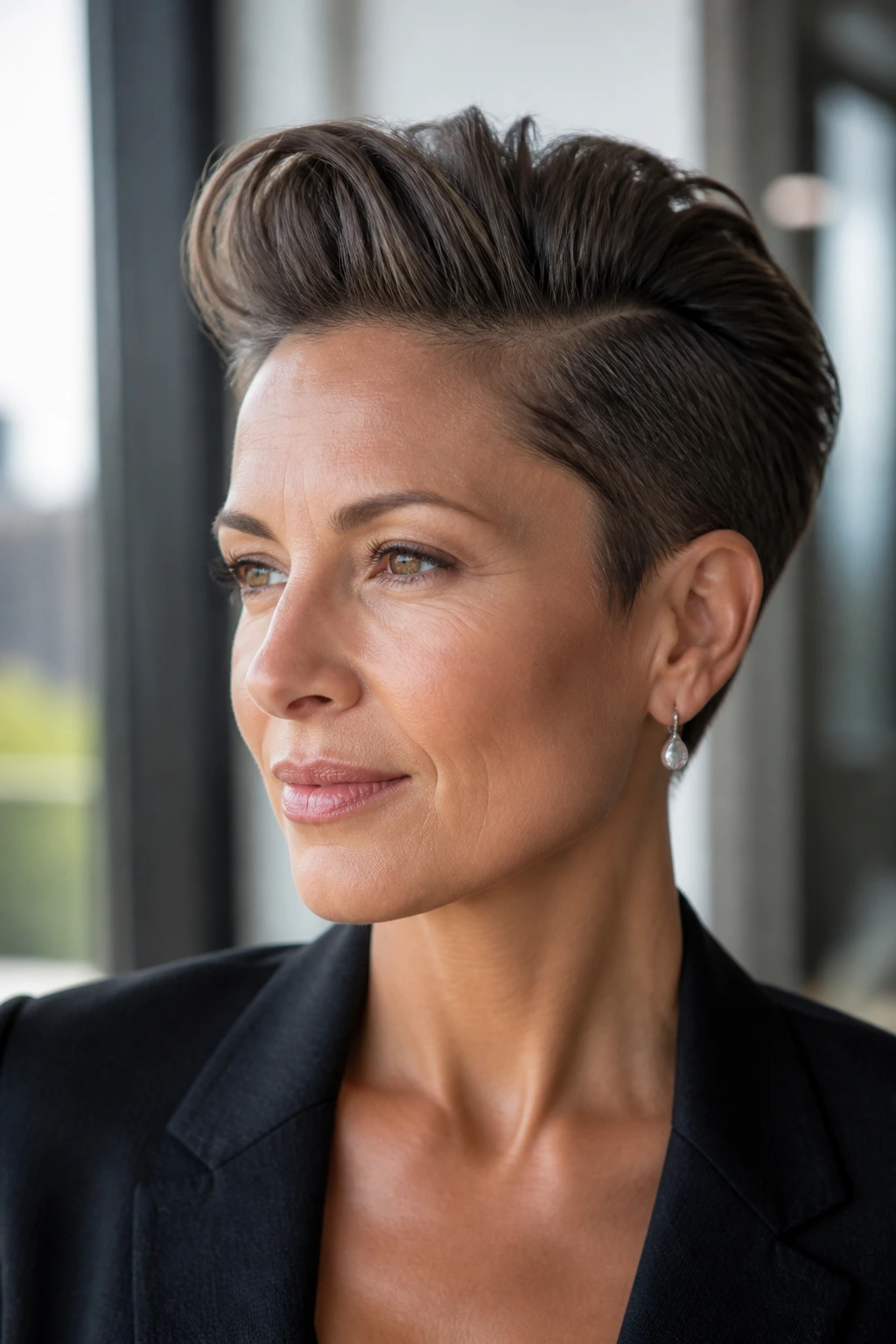 Portrait of a real woman with a sleek side-swept faux hawk, looking poised