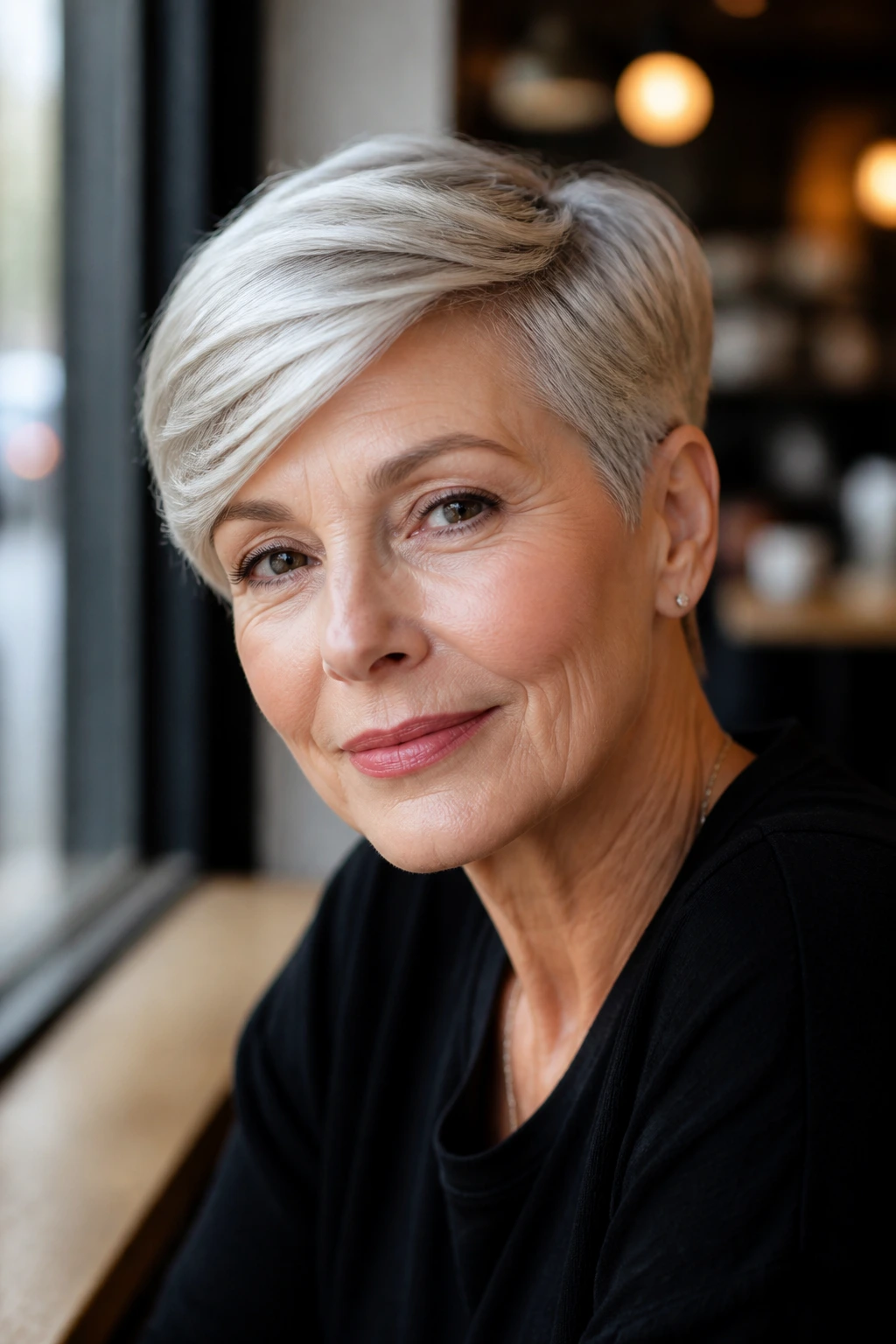 Portrait of a real woman with a sleek side-swept pixie.
