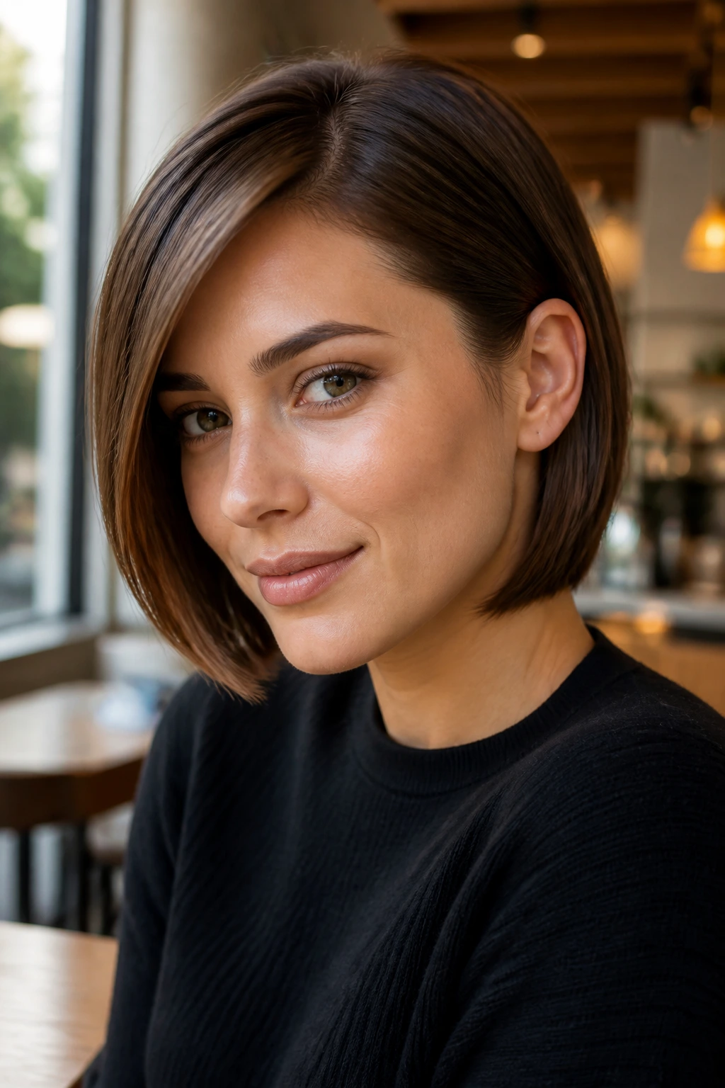 Portrait of a woman with sleek side-part bob and tucked-behind-ear ends in cafe lighting