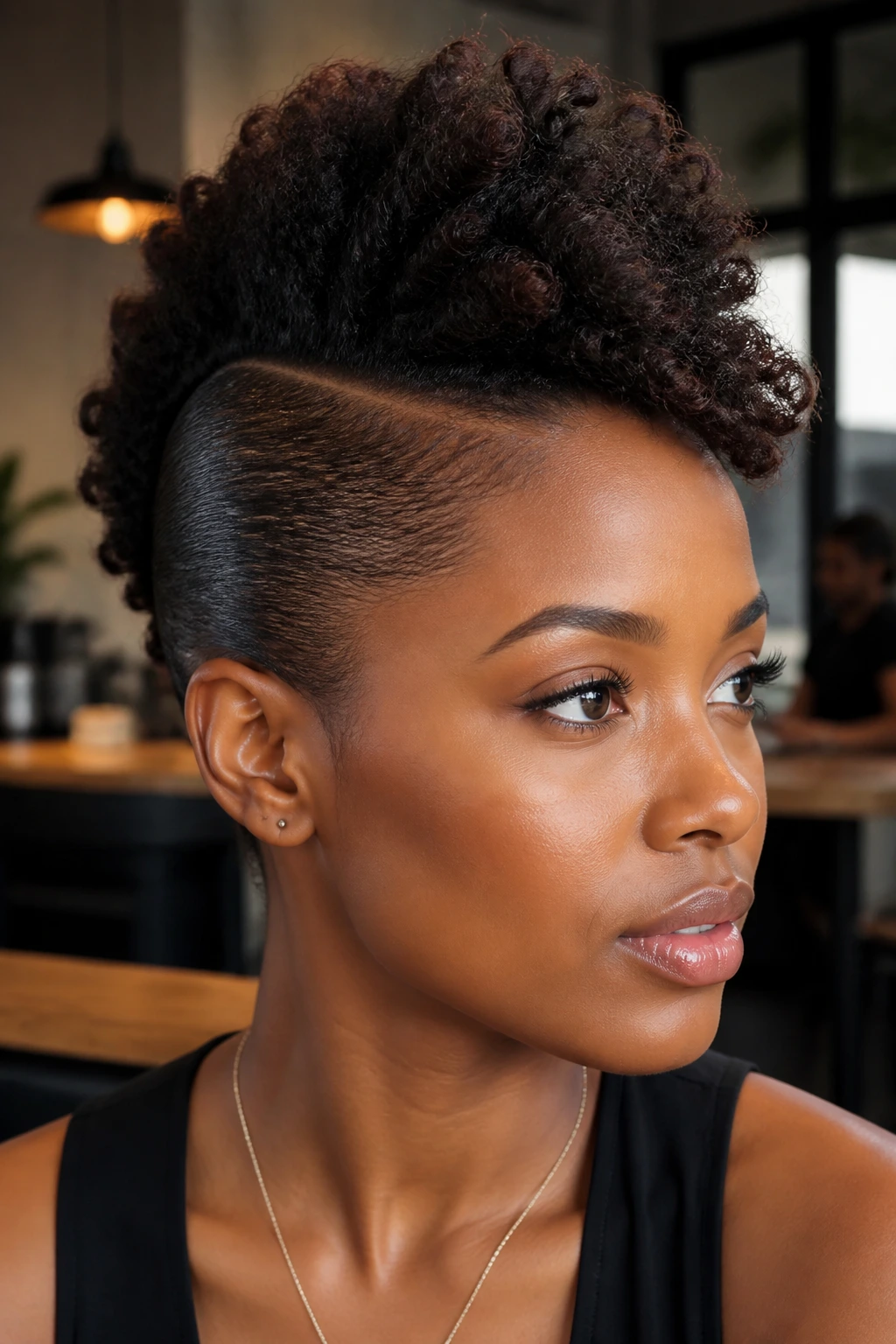 Close-up of a real woman with Sleek-Sides Faux Hawk showing sharp sides and dramatic top