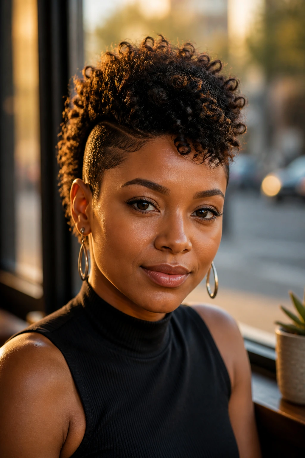 Portrait of a woman with sleek sides and soft curls mohawk in a cafe setting