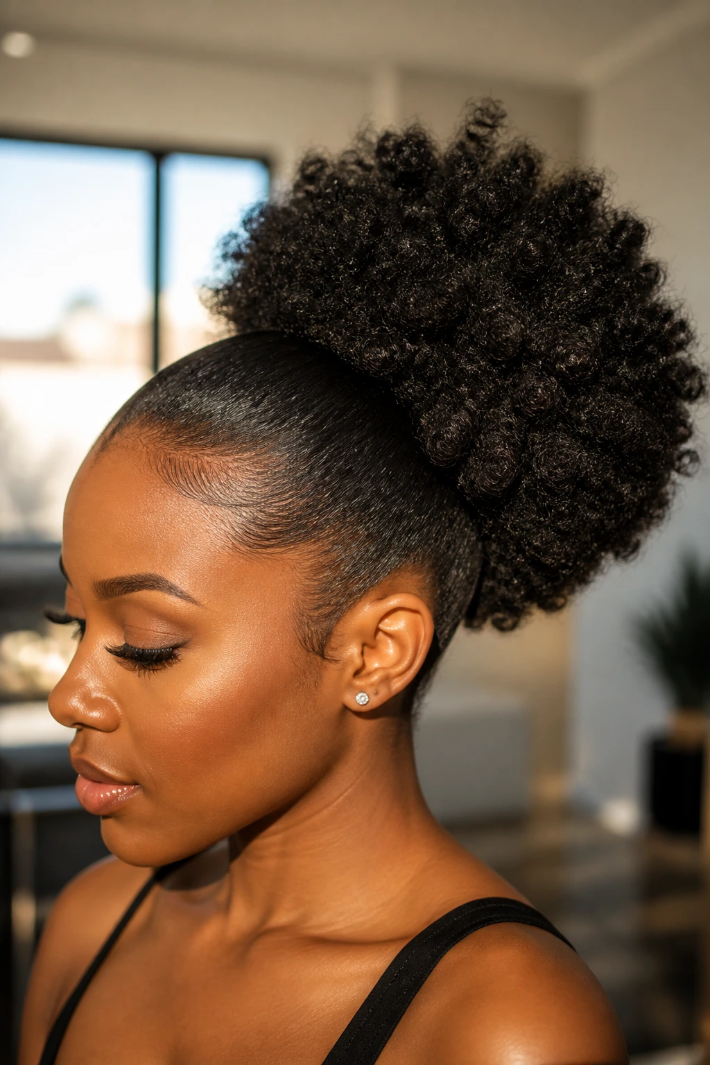 Close-up of a real woman with sleek sides and a full puff filling the frame