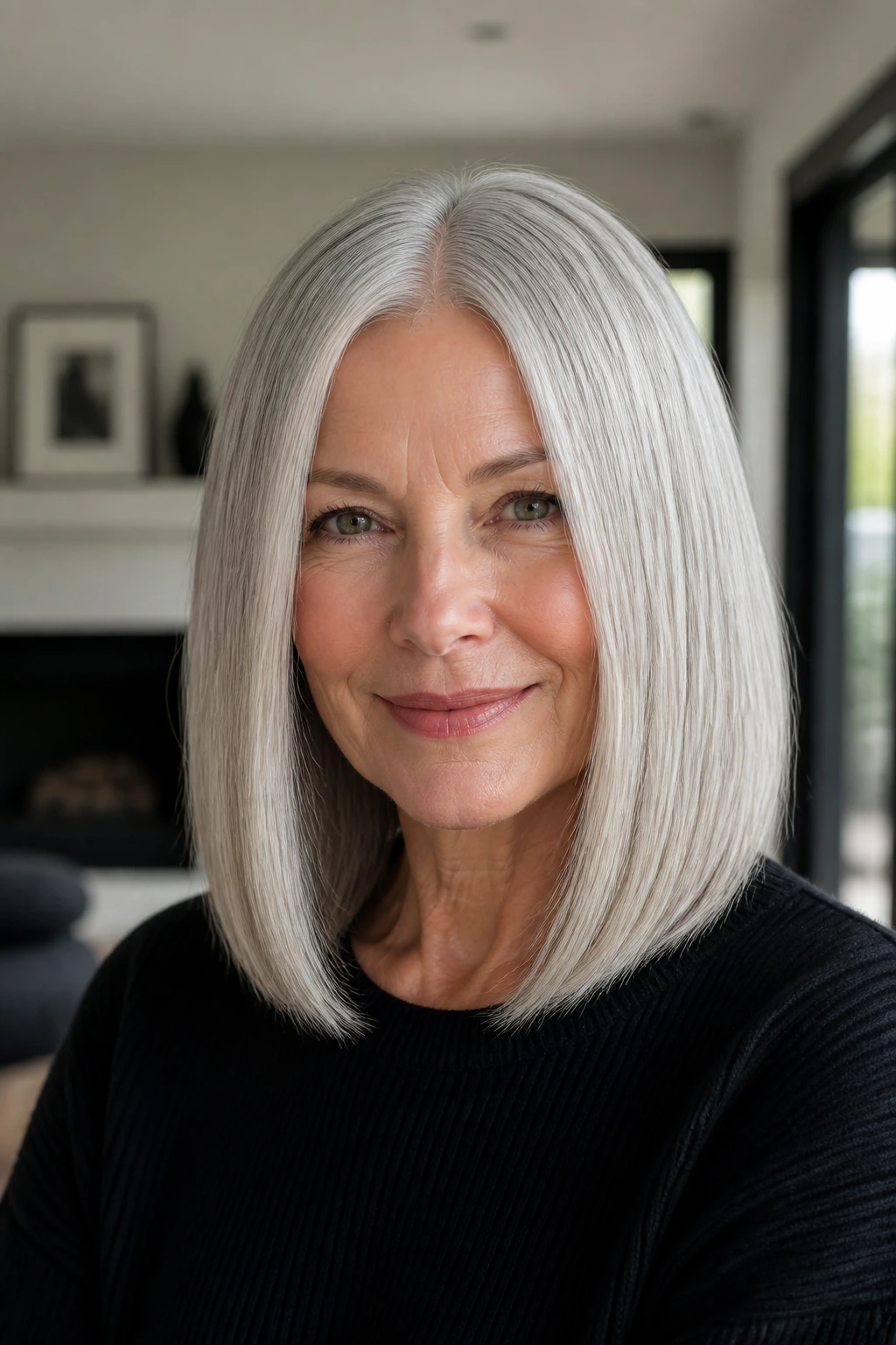 Real woman with sleek silver lob and center part
