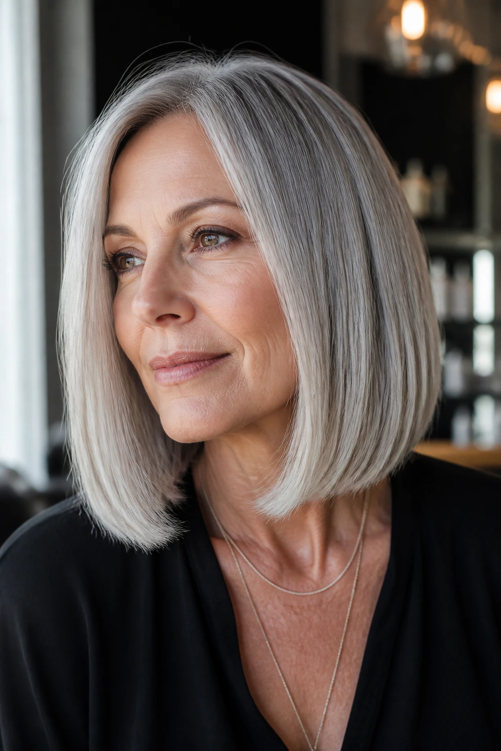 Close-up of a real woman with a sleek silver lob at collarbone length in window light.