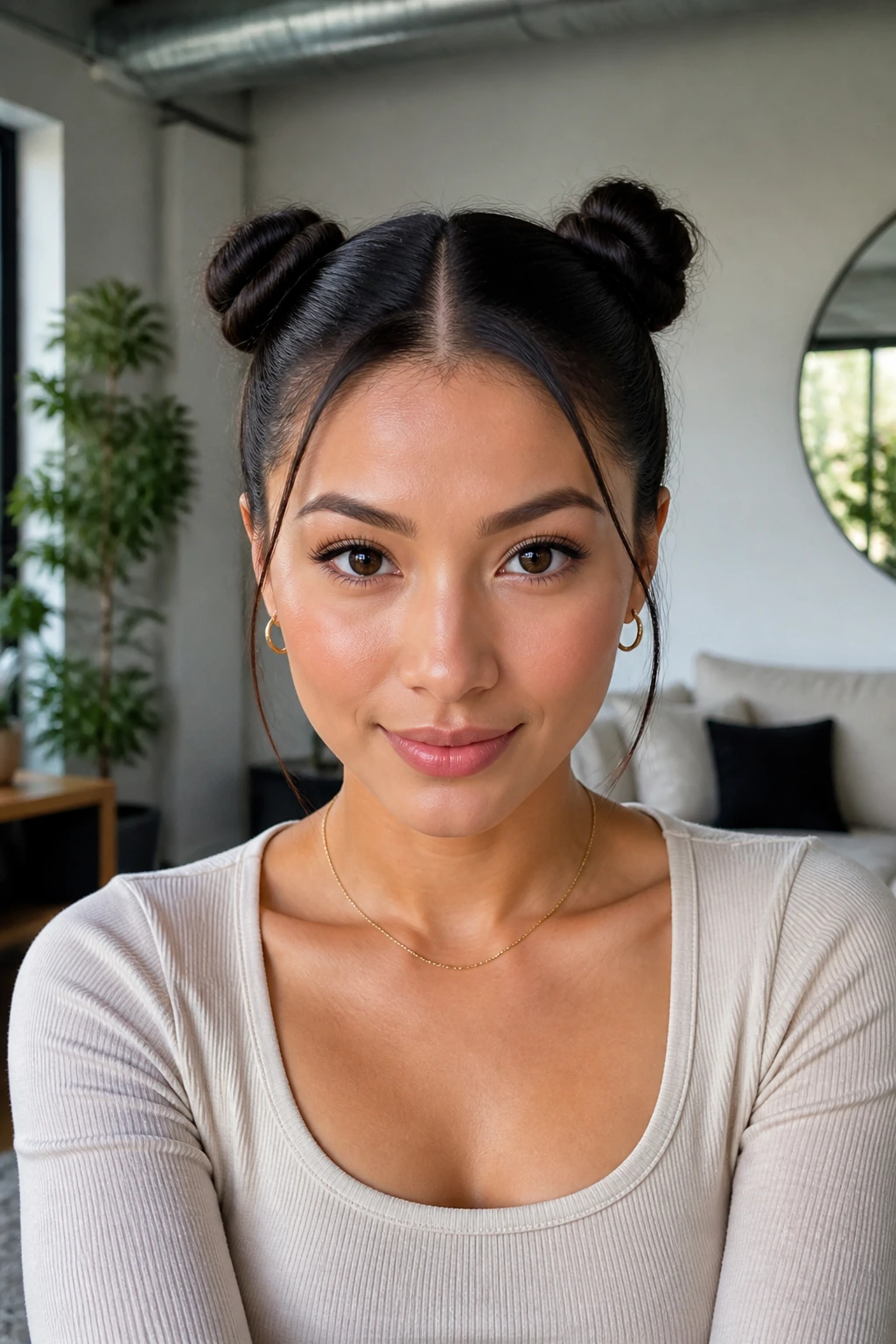 Front portrait of a real person with two small sleek space buns on top