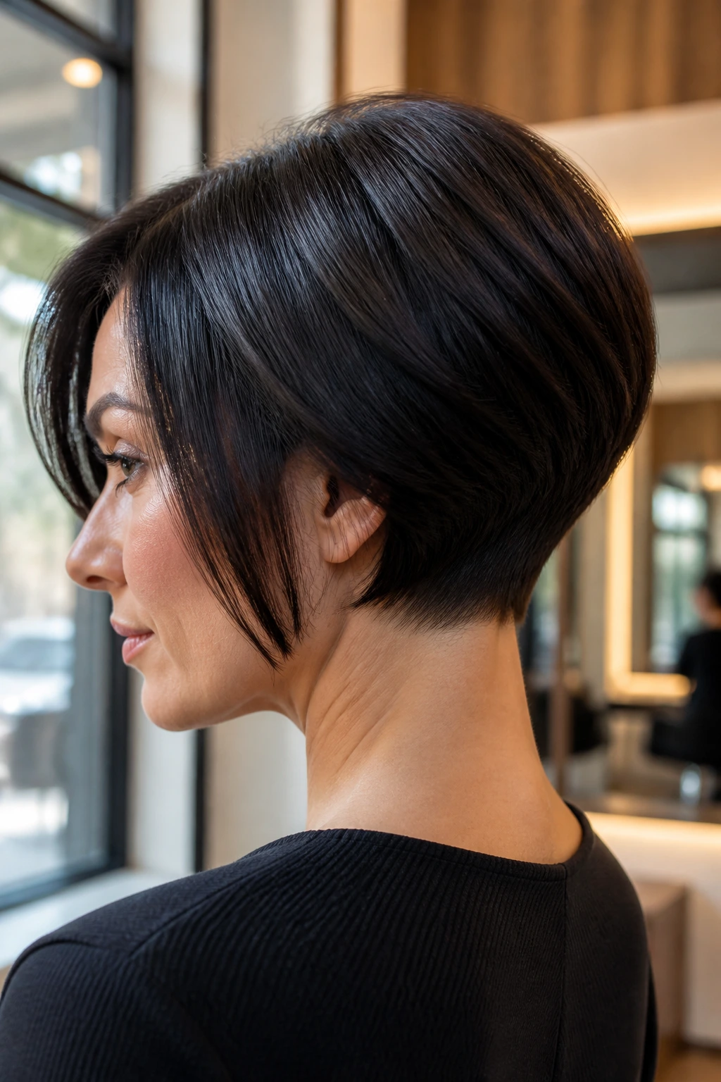 Close-up portrait of a real person with a sleek stacked bob and sharp nape in a warm salon setting.
