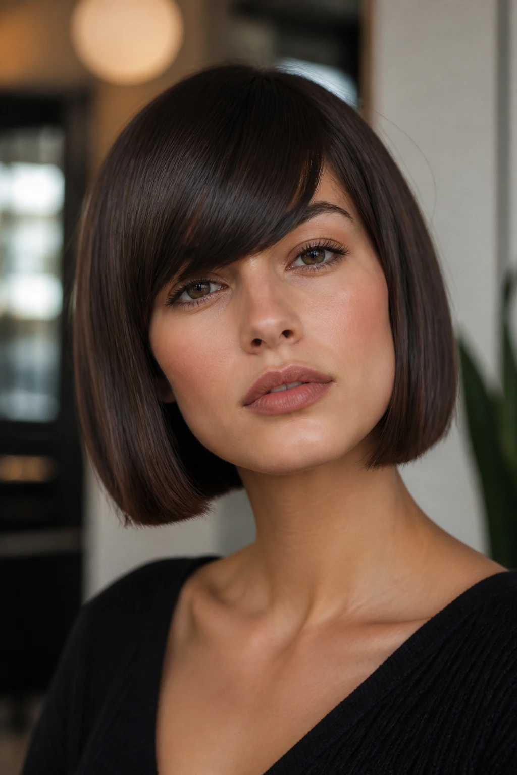 Close-up portrait of a real person with a sleek straight arc fringe.