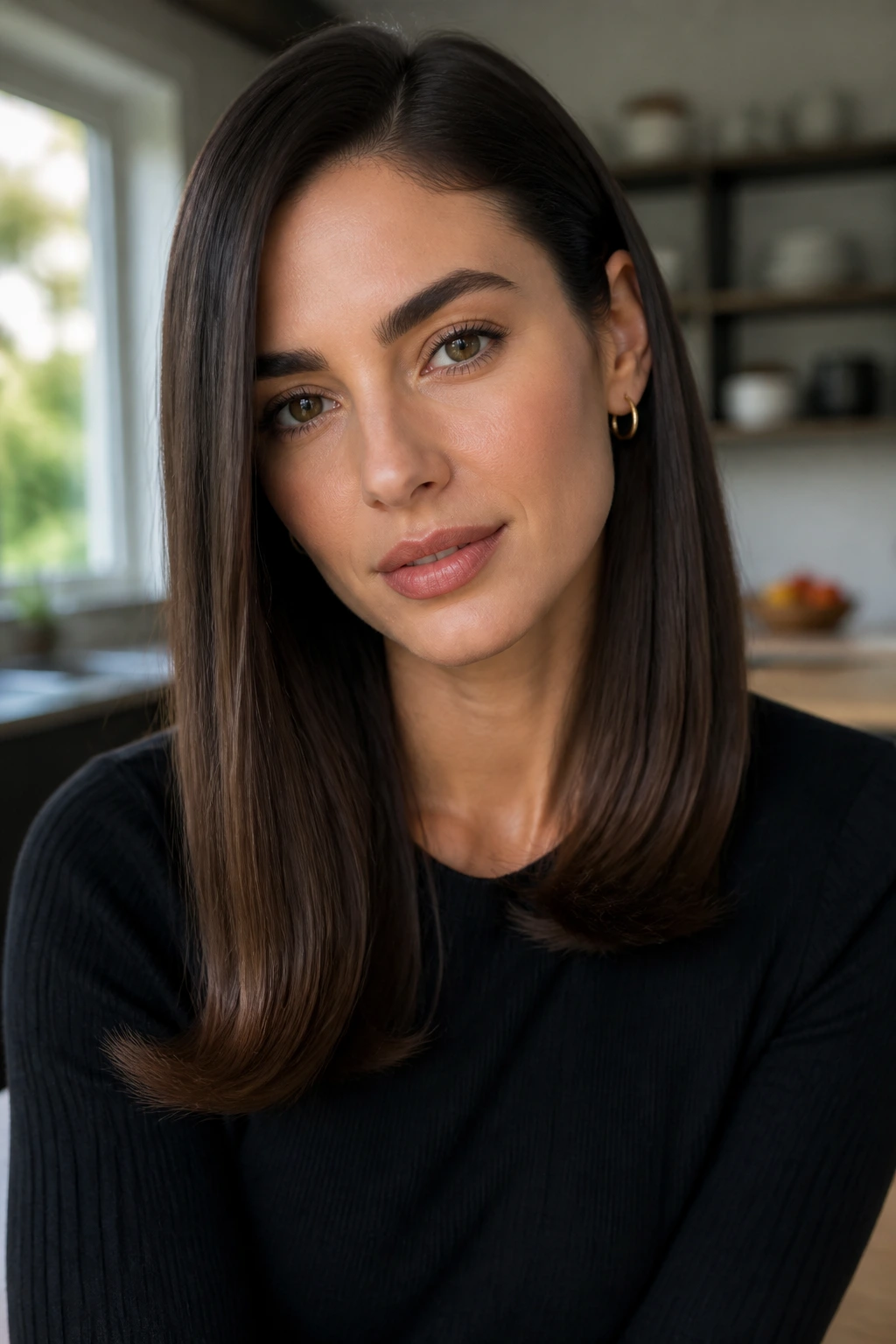 Portrait of a woman with sleek straight hair and bent ends in natural light