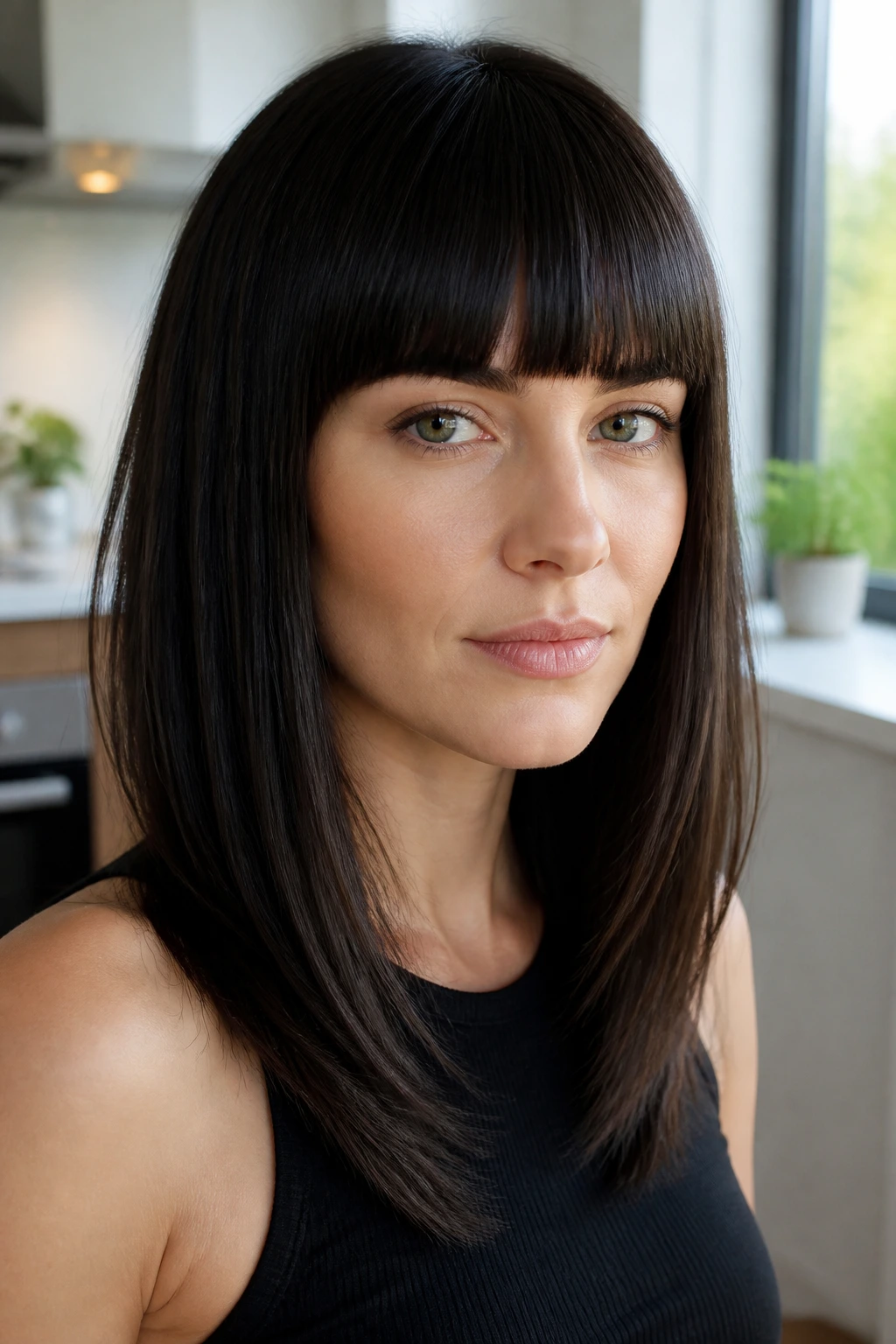 Portrait of a woman with blunt bangs and sleek straight layers in bright daylight