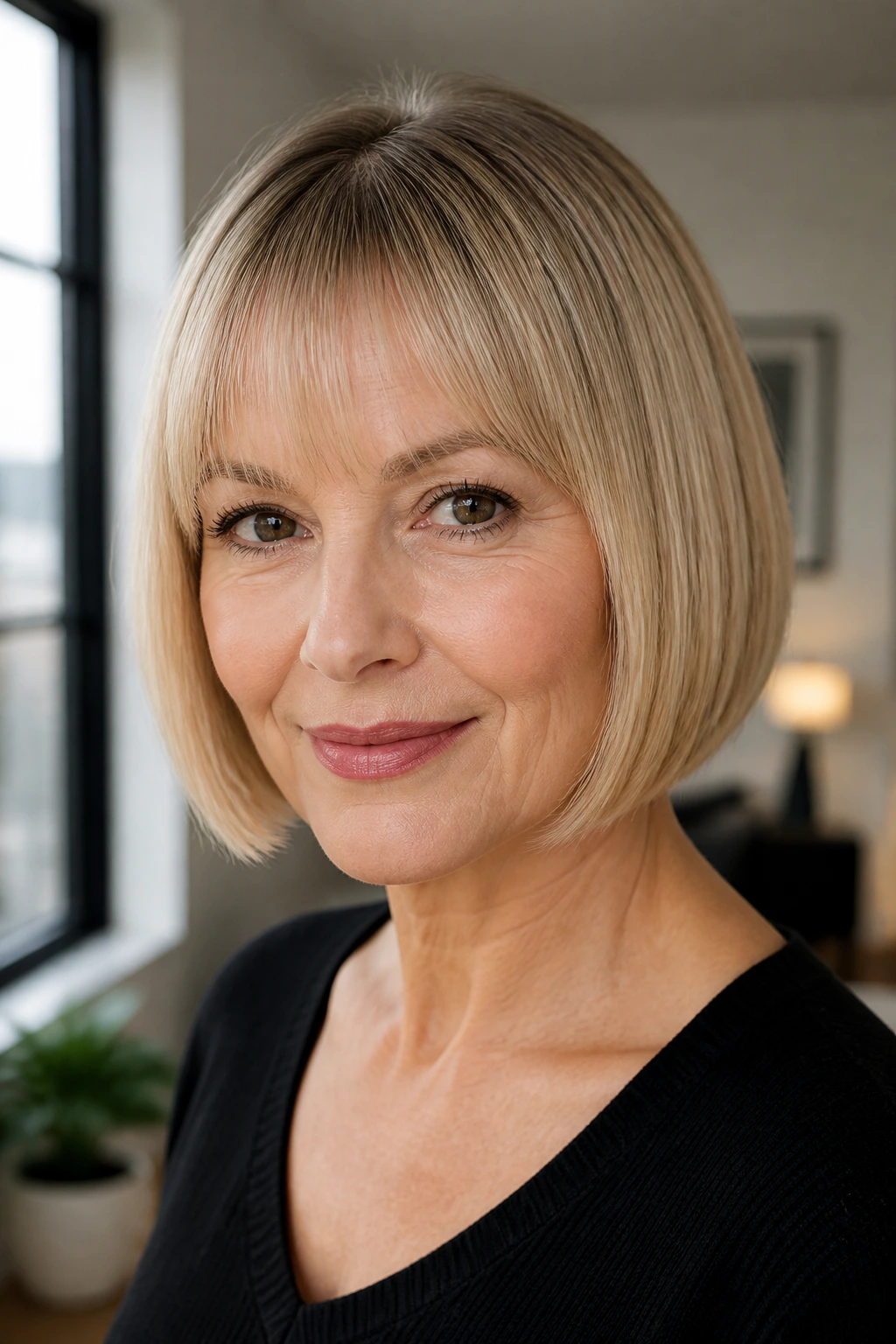Close-up portrait of woman with Sleek Straight Bob Delicate Bangs