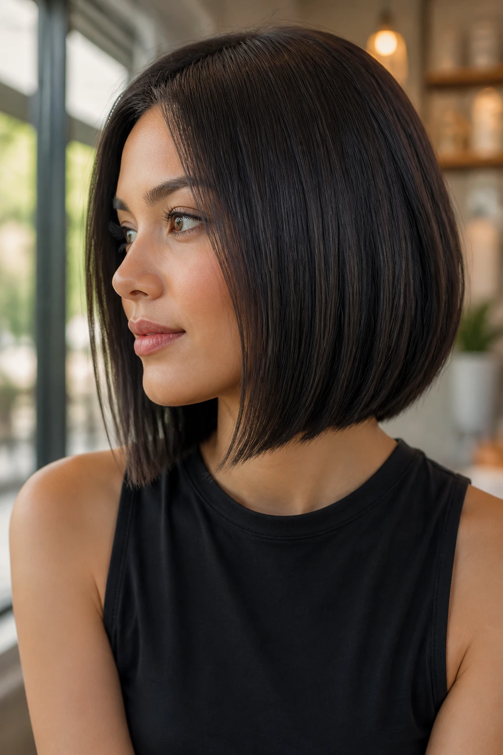 Portrait of a real woman with a sleek straight bob and soft ends.