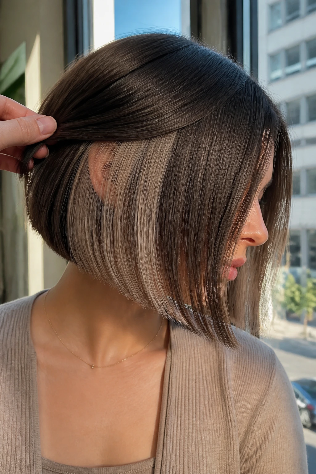 Close-up portrait of a real woman with Sleek Straight Bob With Underlayers, hair filling the frame