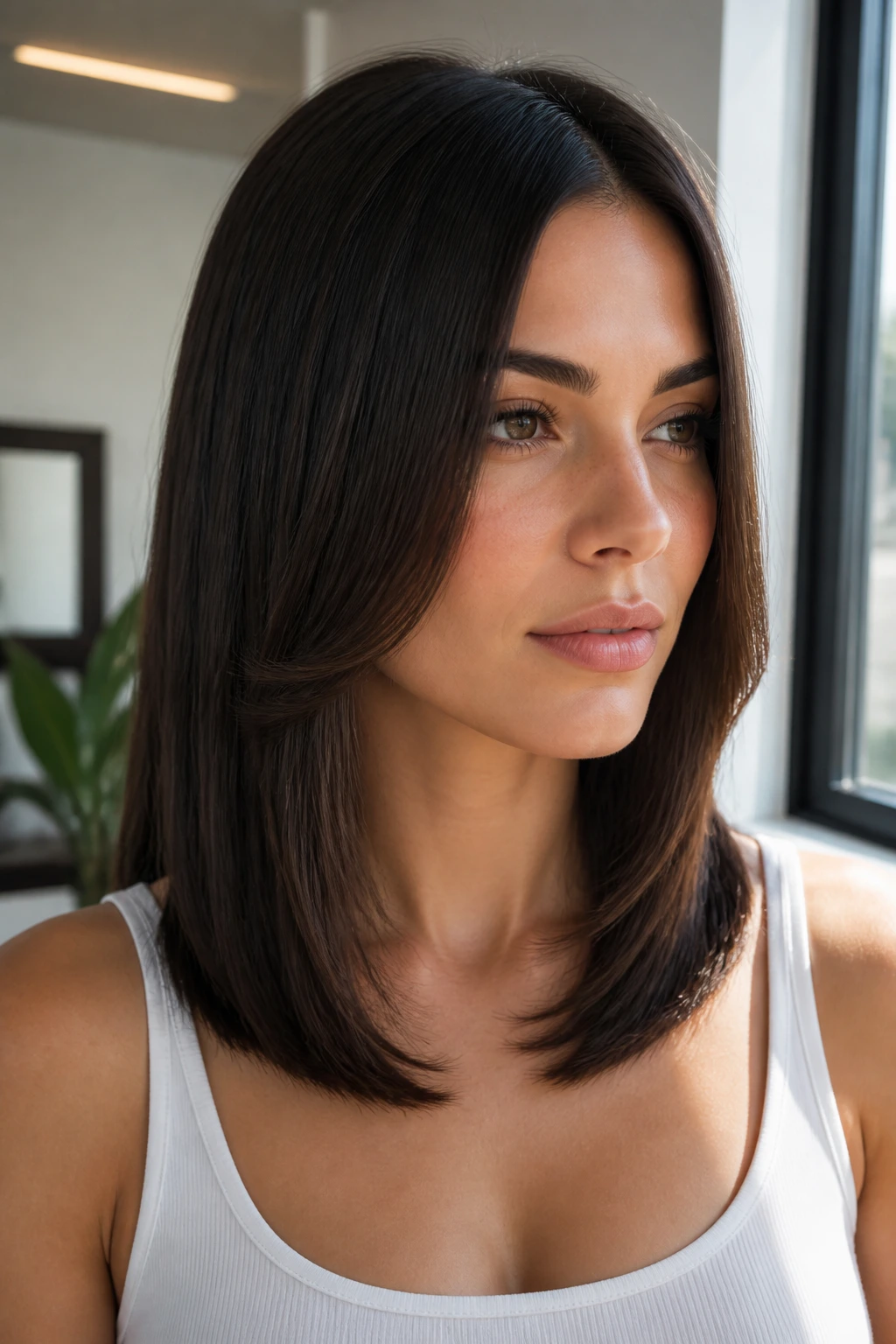 Close-up of a real woman with sleek straight butterfly cut in a modern room
