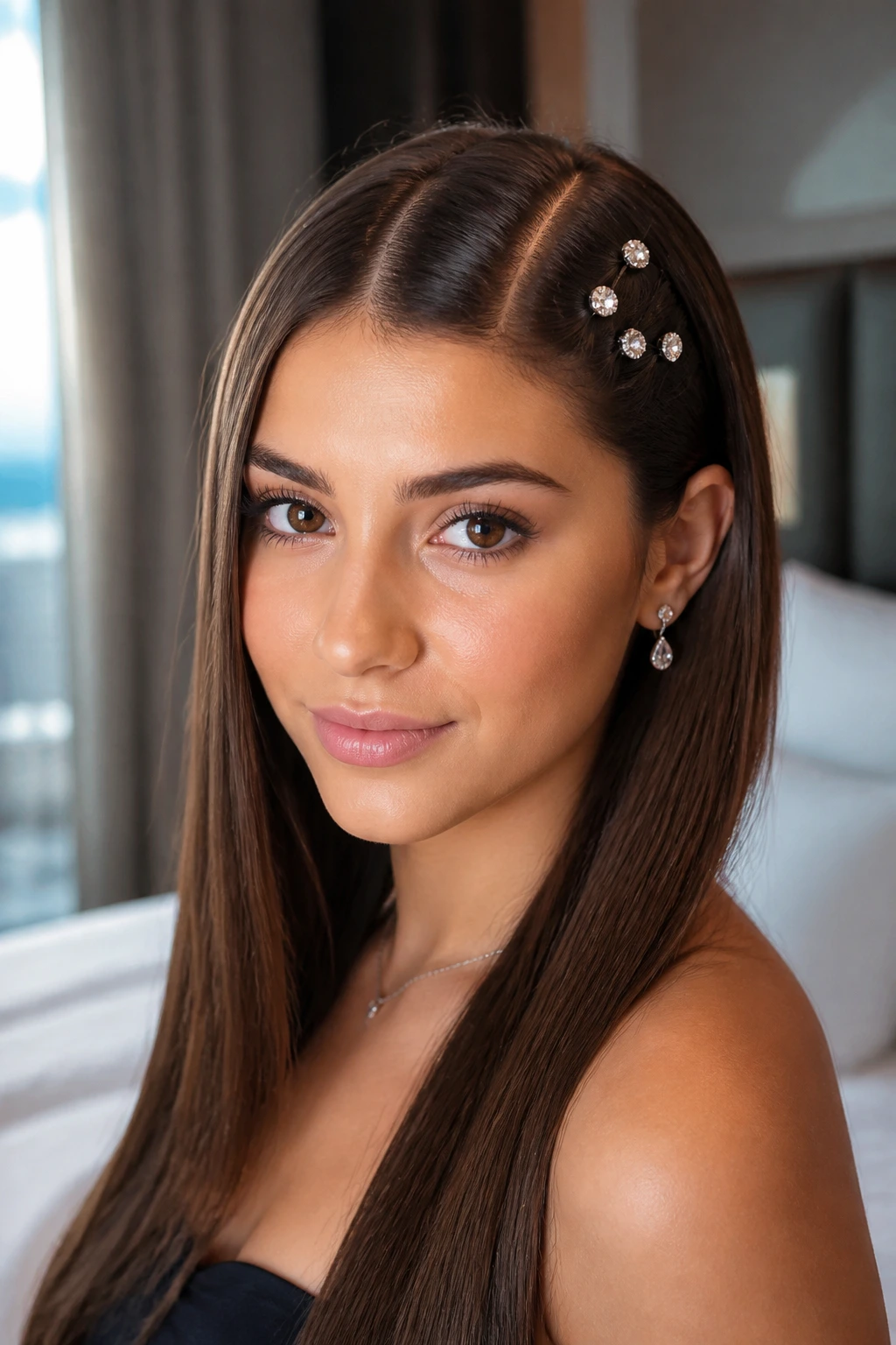Close-up of a real person with sleek straight hair and crystal pins by the temple