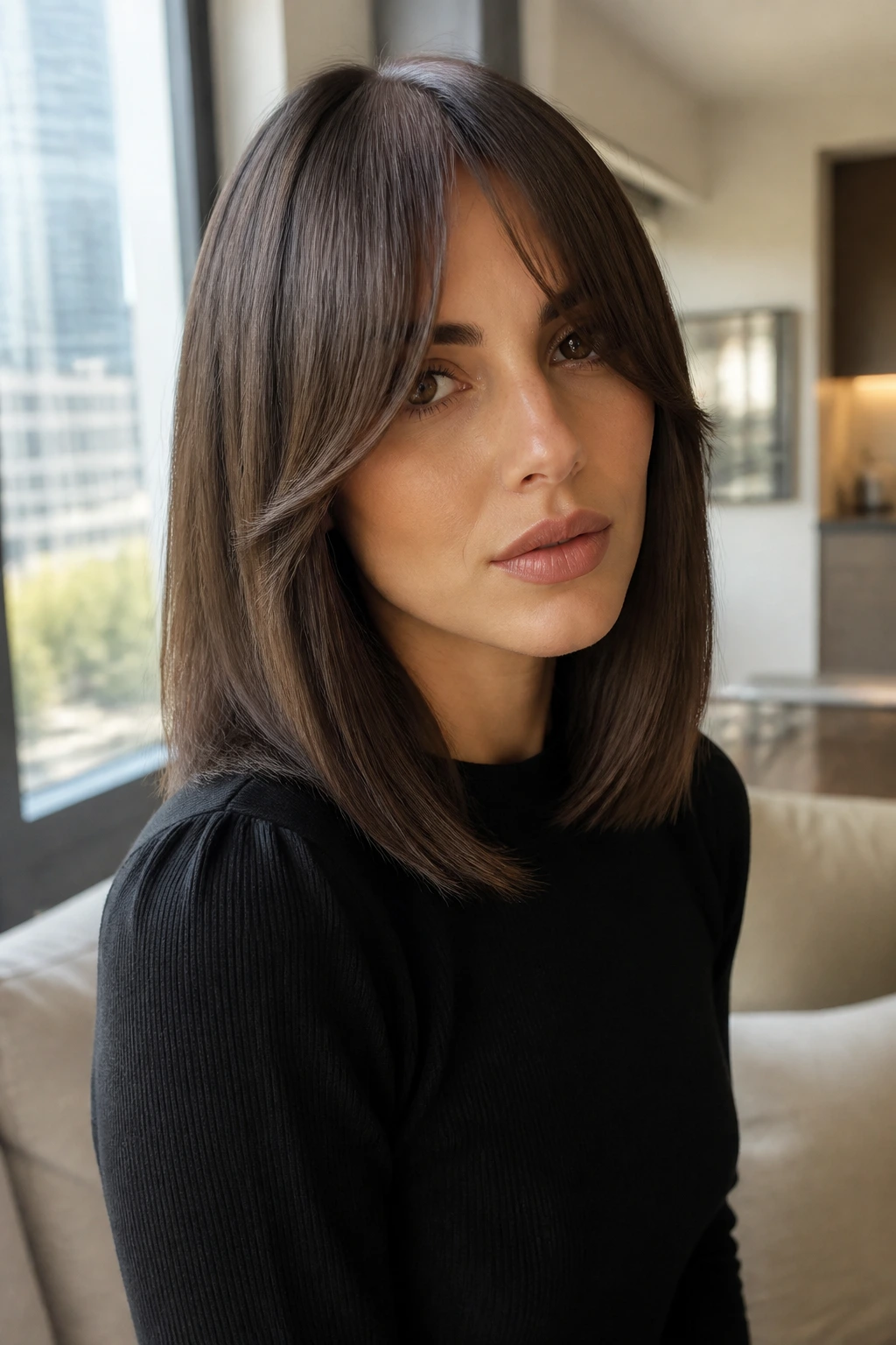 Portrait of a woman with sleek straight cut and long draped bangs