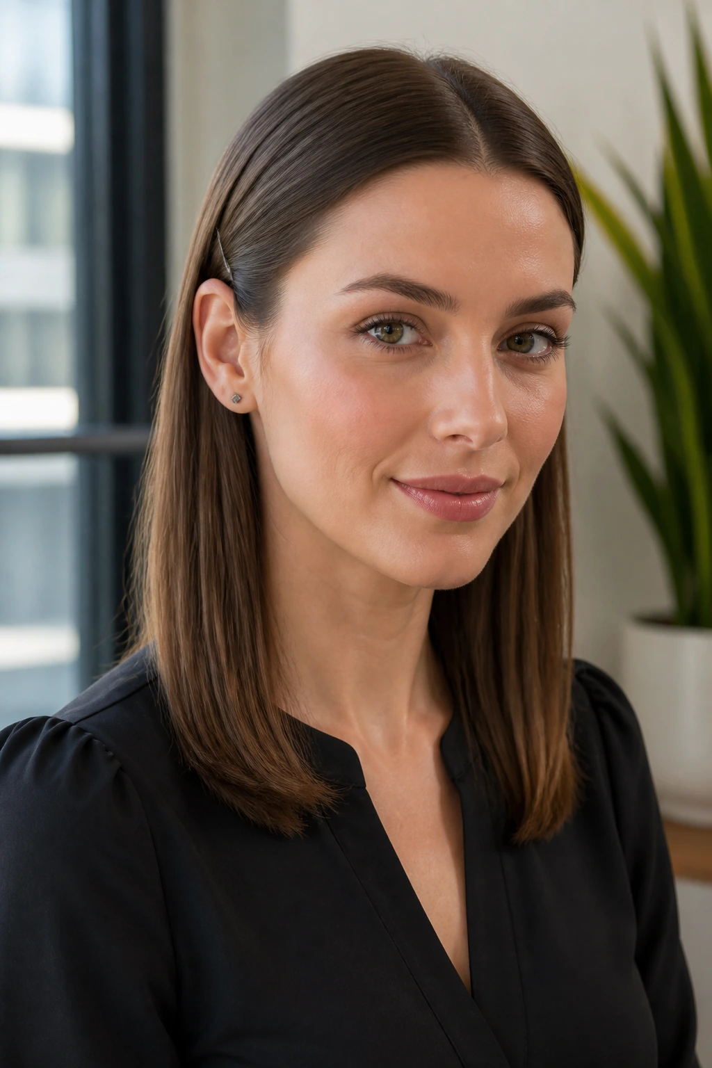 Close-up of sleek straight hair tucked behind ears with pins in a professional setting