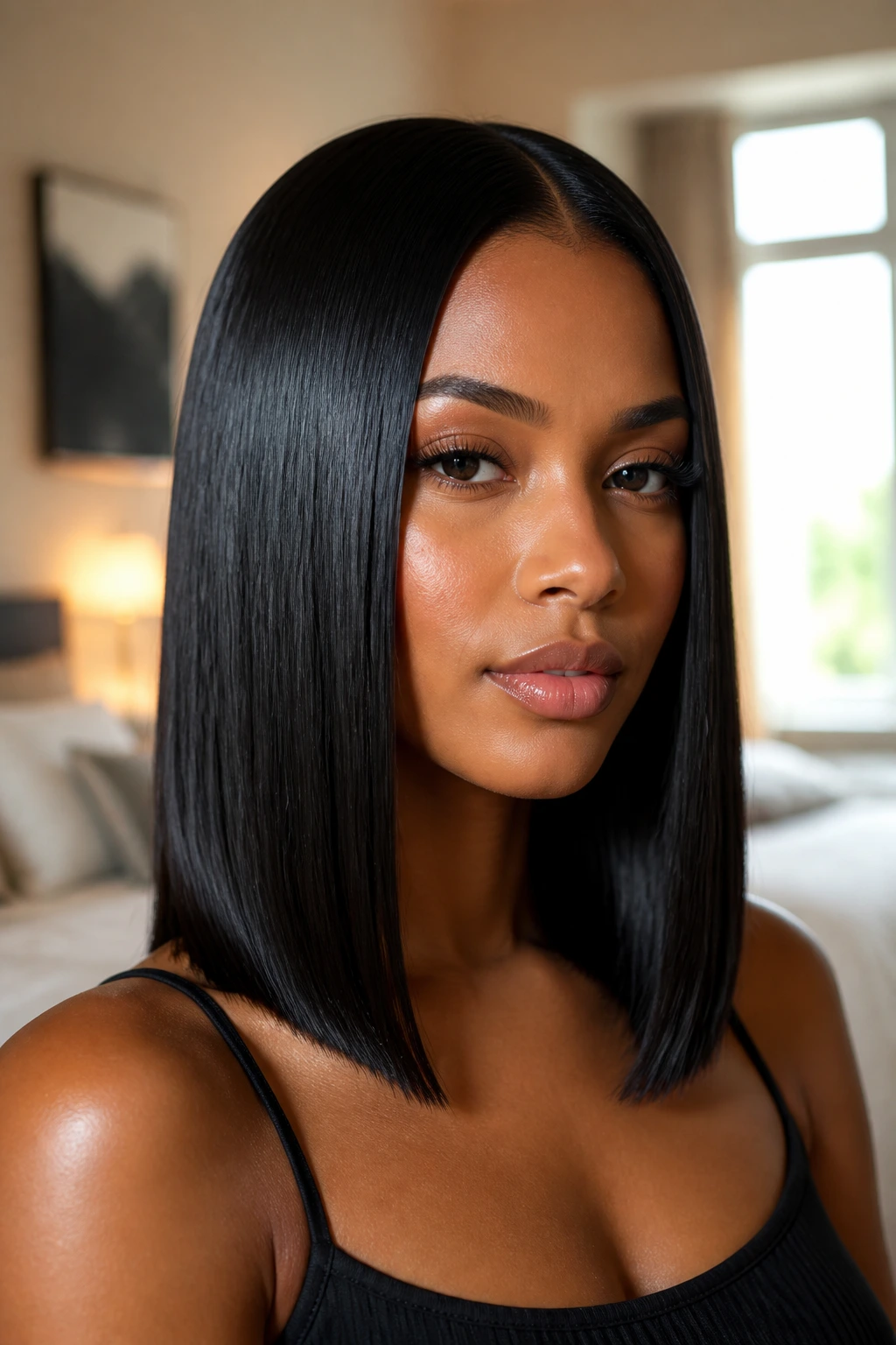 Close-up of a real woman with a sleek straight hairstyle and center part