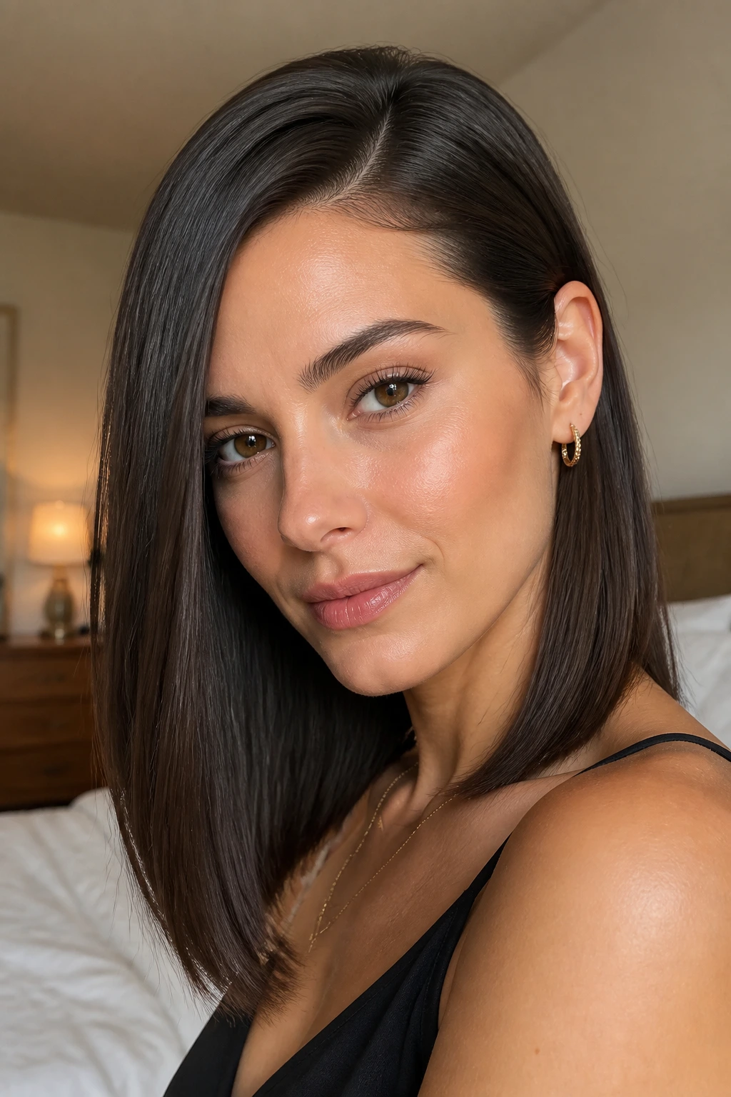 Close-up of a real woman with Sleek Straight Hair with an Ear Tuck, ear tucked.