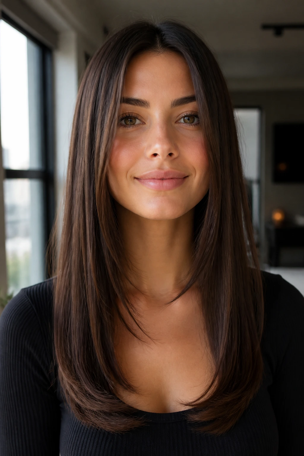 Close-up portrait of a real woman with sleek straight hair and inward-tipped ends.