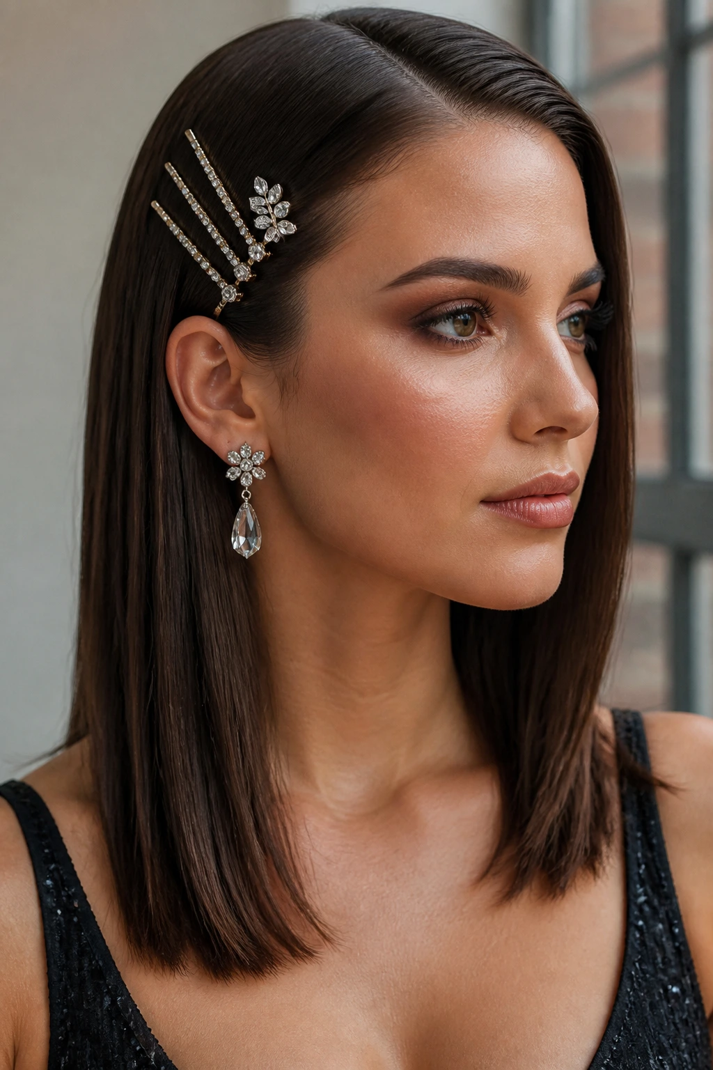 Sleek straight hair tucked side with pins on a real person
