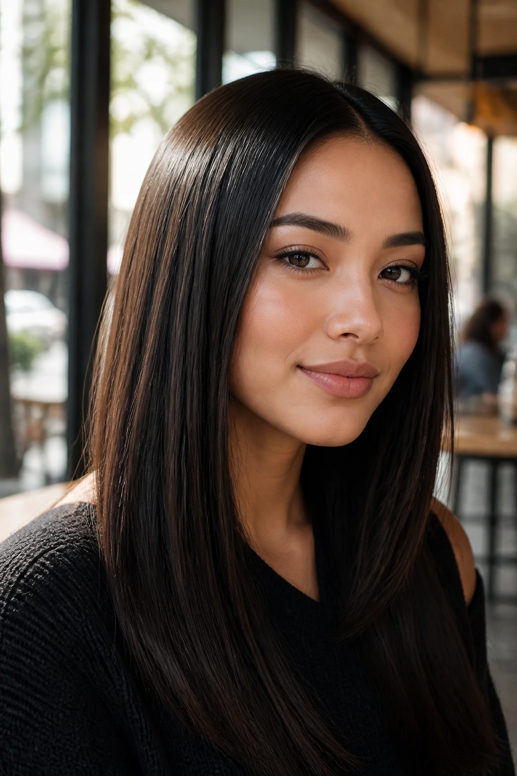 Real woman with polished sleek straight hair and crisp center part