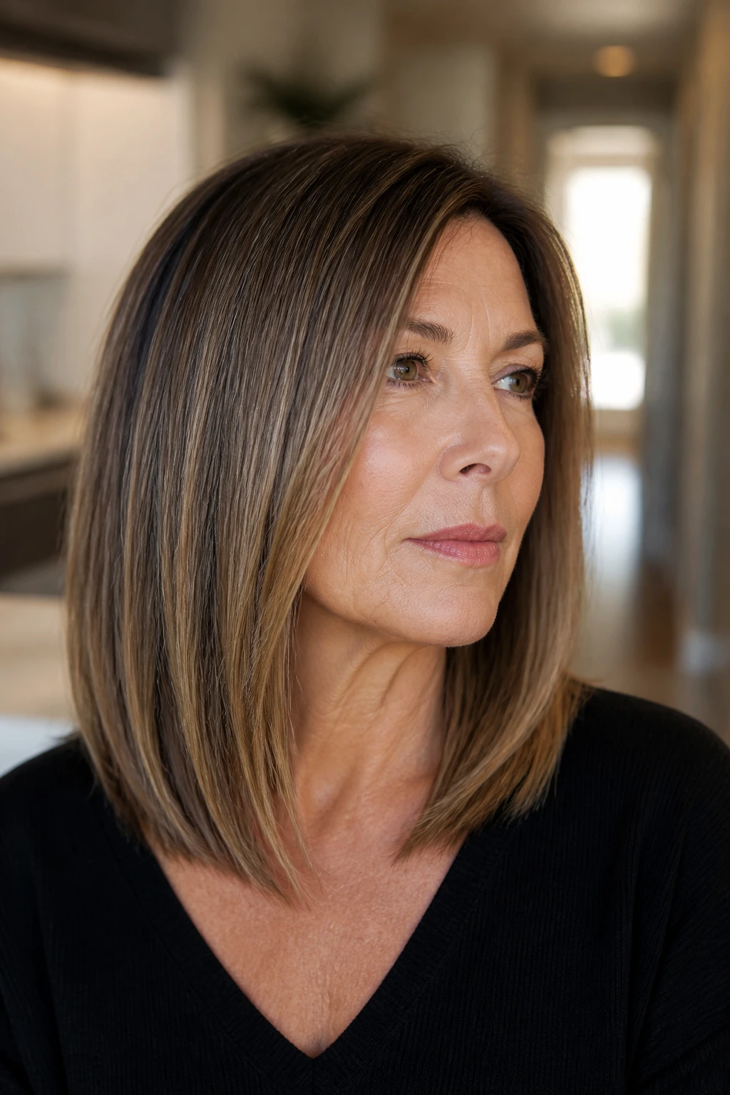 Portrait of a real woman with sleek straight mid-length hair and invisible layers.