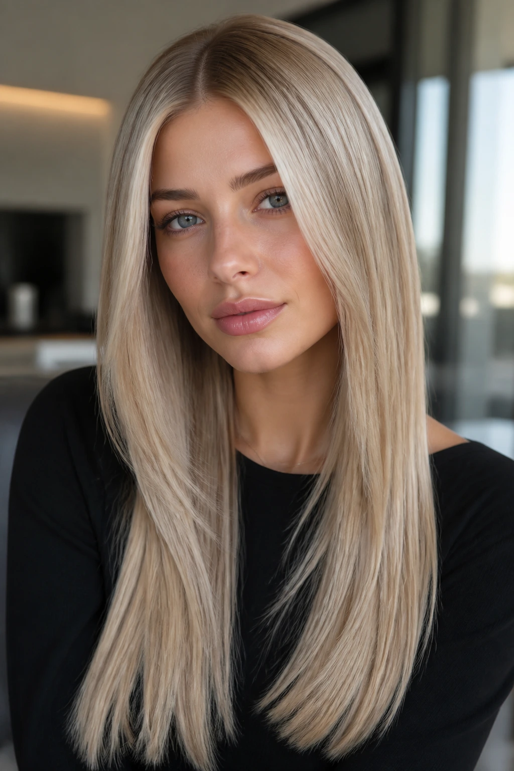 Portrait of a real person with sleek straight layered blonde hair and glossy finish