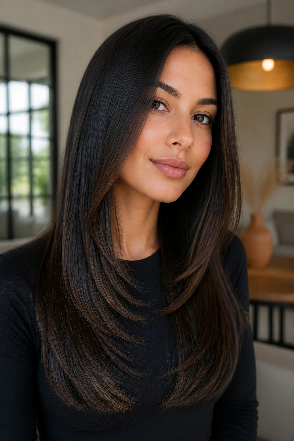 Close-up portrait of a real woman with sleek straight layers and glossy hair.