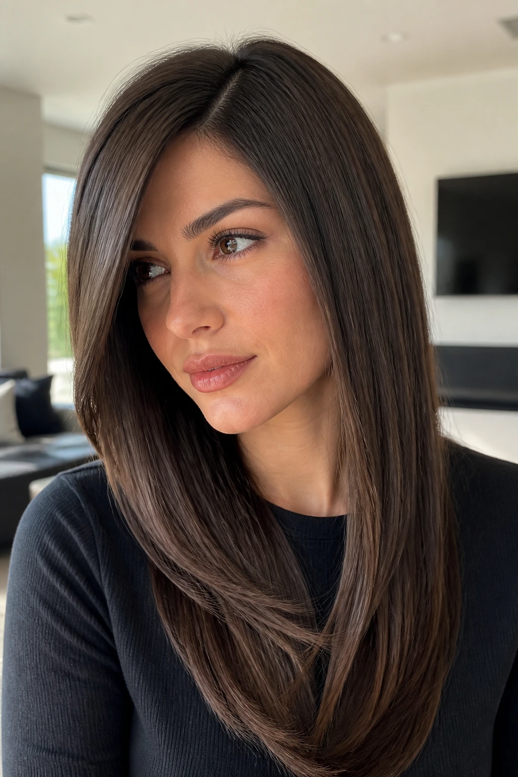 Close-up portrait of a real person with sleek straight layers and a clean side part
