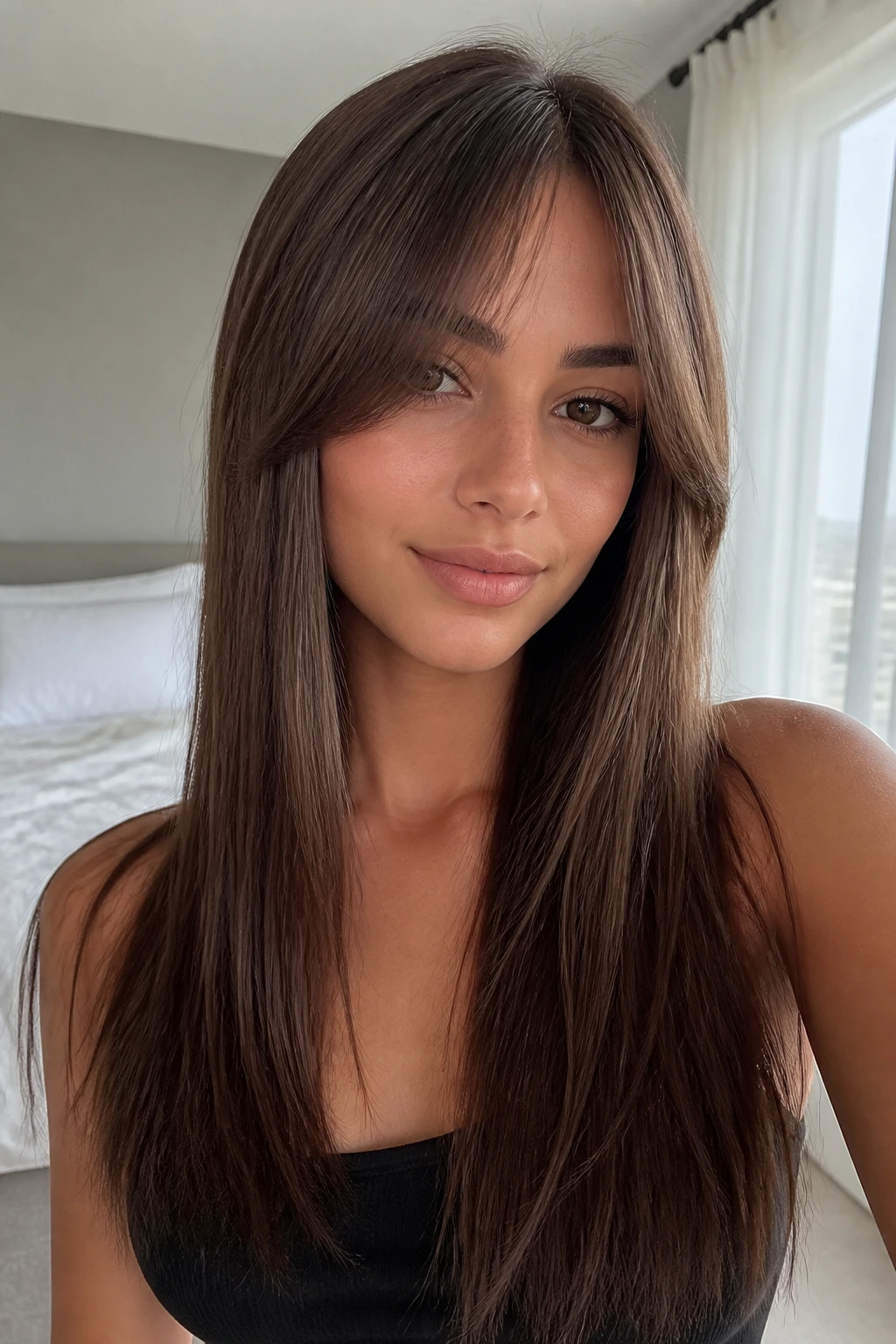 Close-up of a real woman with sleek straight hair and draped curtain bangs.