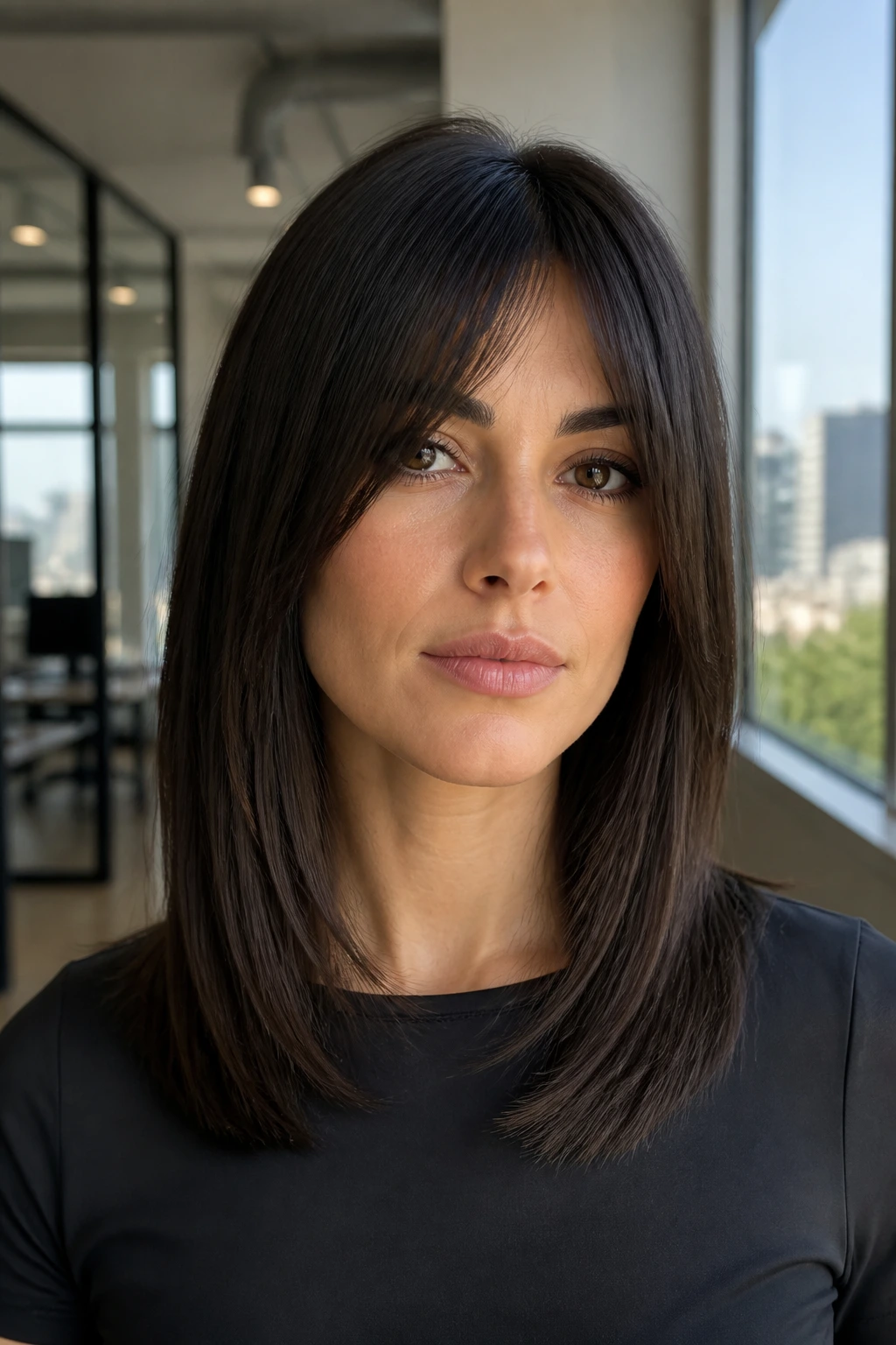 Close-up portrait of a real woman wearing Sleek Straight Shag with Soft Ends in office light