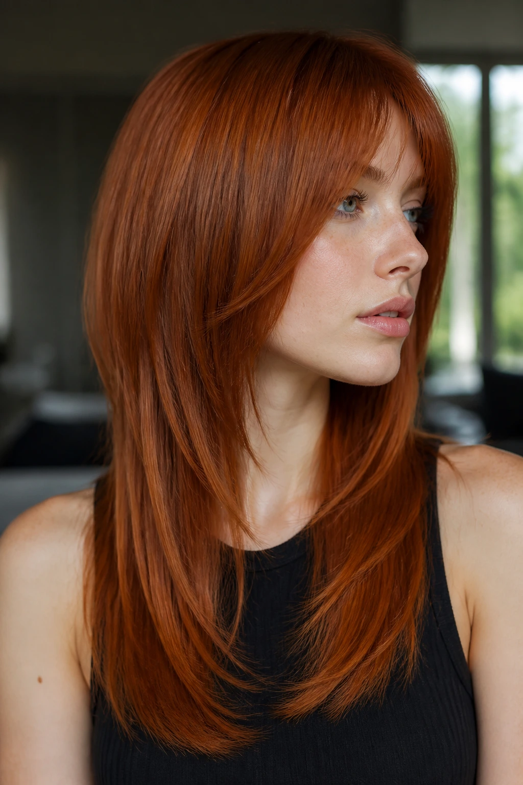 Close-up portrait of a real woman with sleek straight shag in bold red