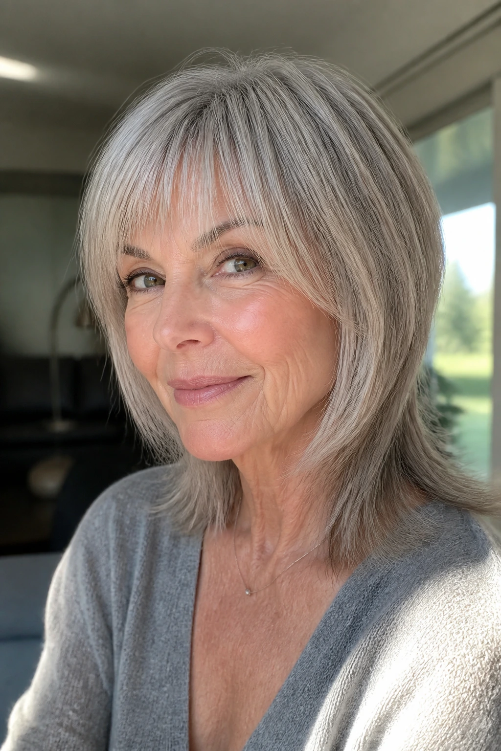 Close-up portrait of a real woman with sleek straight shag