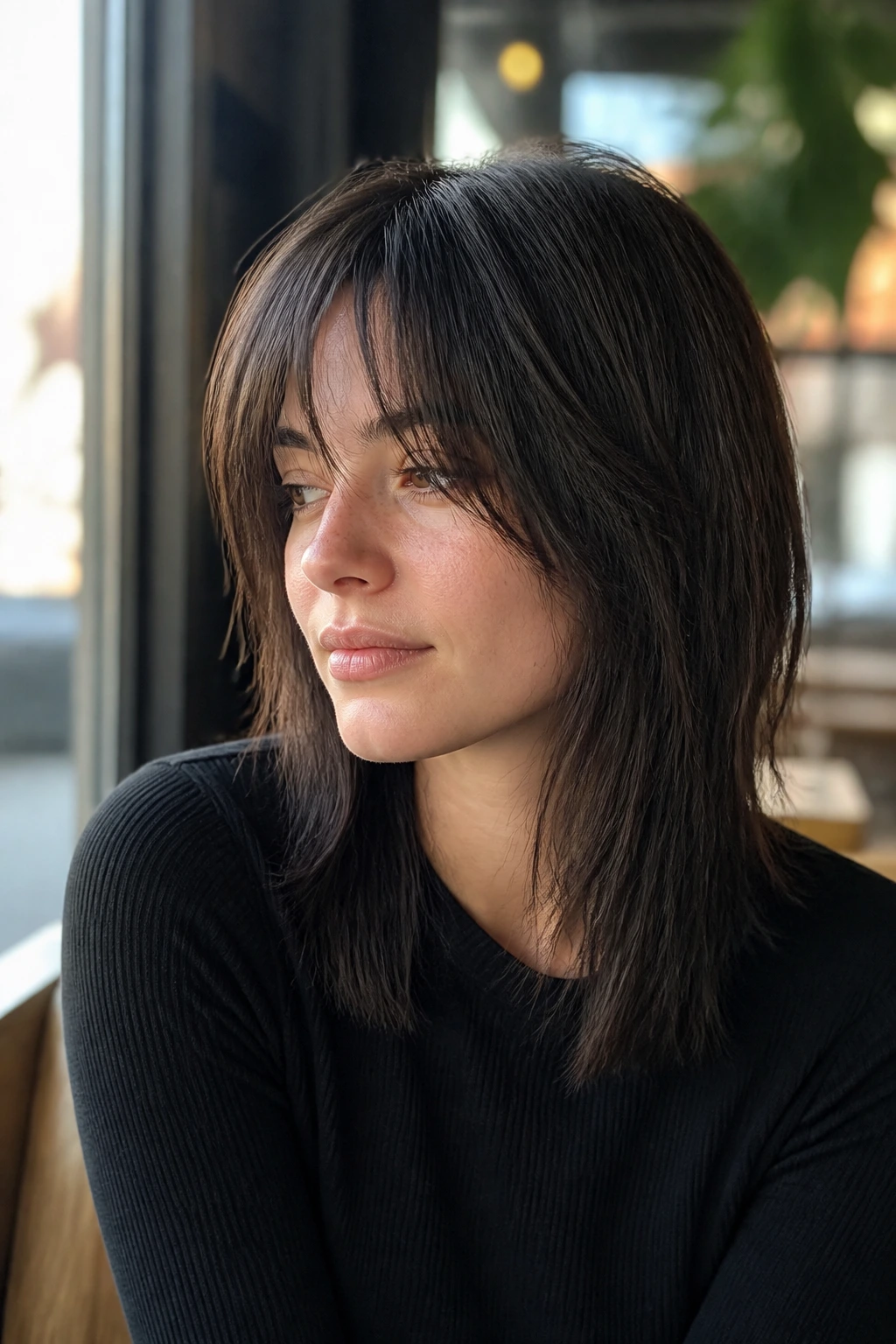 Close-up portrait of a real woman with sleek straight-hair shag by a cafe window