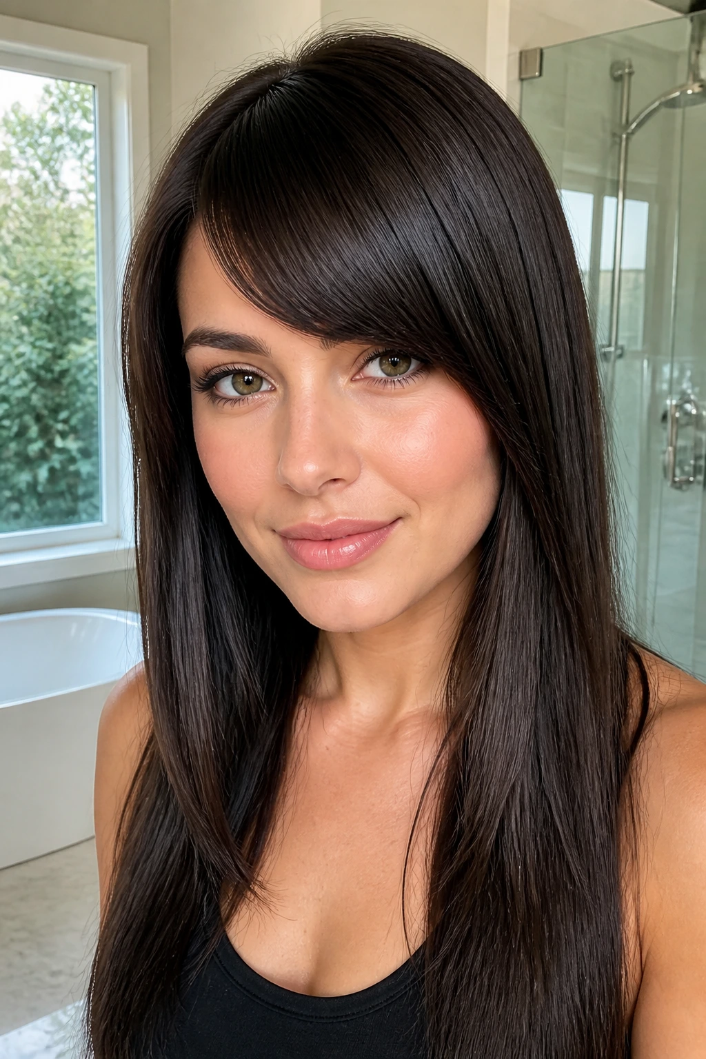 Close-up of a real woman with sleek straight side bangs and a clean sweep in natural light