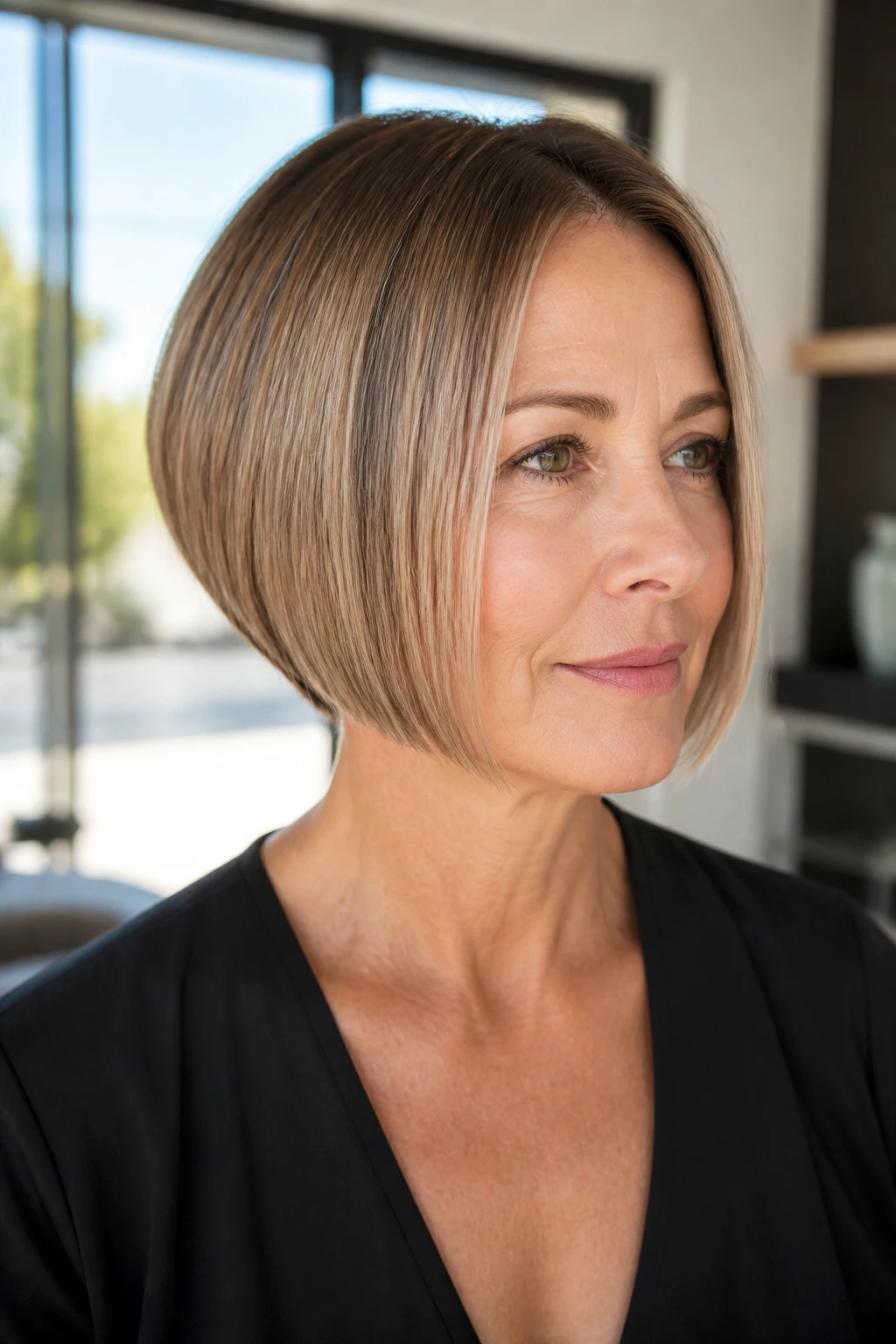 Close-up portrait of a real woman with sleek straight stacked bob in bright room