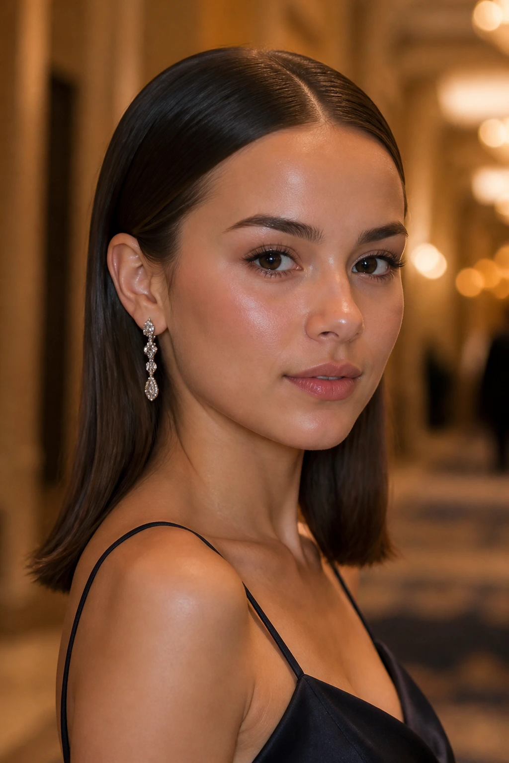 Close-up of a real person with sleek straight hair tucked behind the ears
