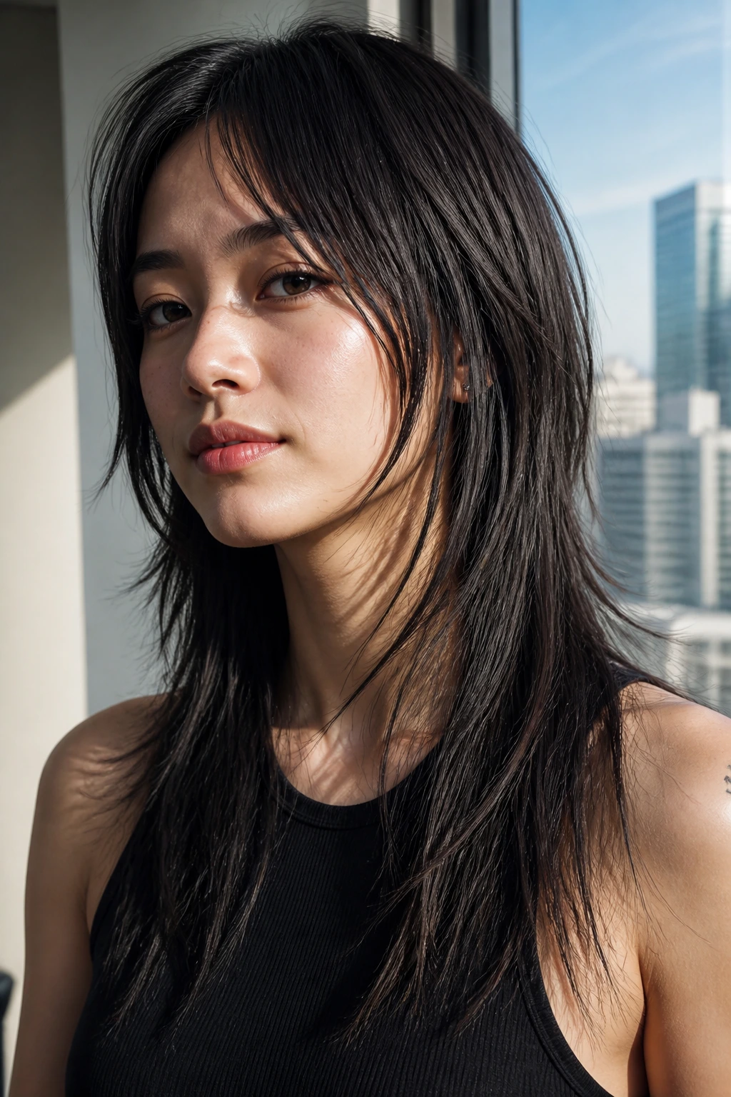 Close-up portrait of a real person with Sleek Straight Wolf Cut and piecey ends in a bright apartment