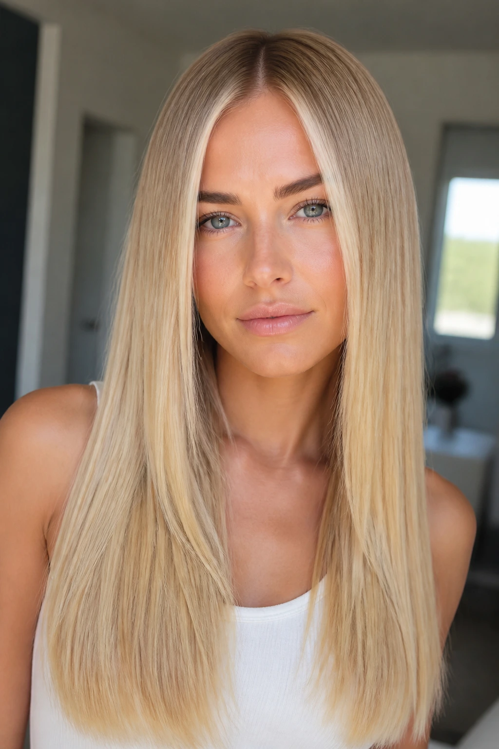 Close-up of a woman with sleek, straight blonde hair and a centered part
