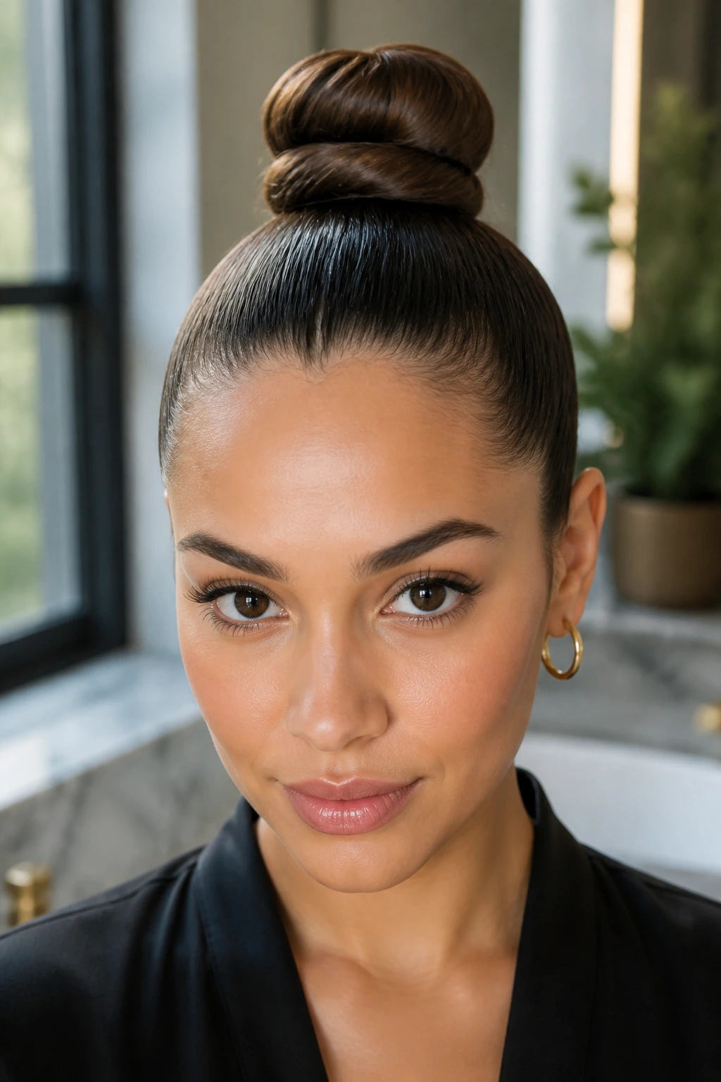 Close-up of a real woman with a sleek top knot